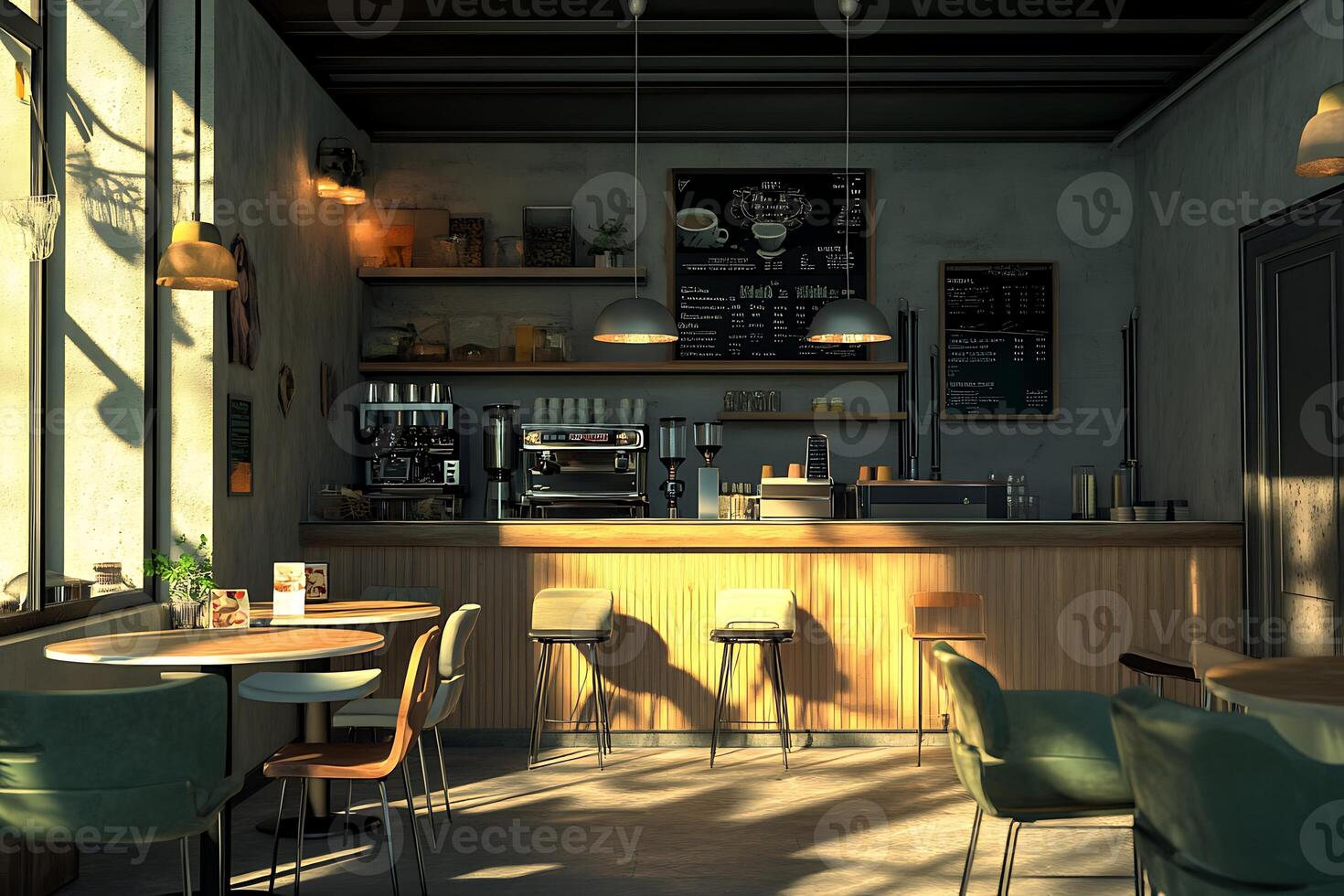A coffee shop with tables and chairs photo