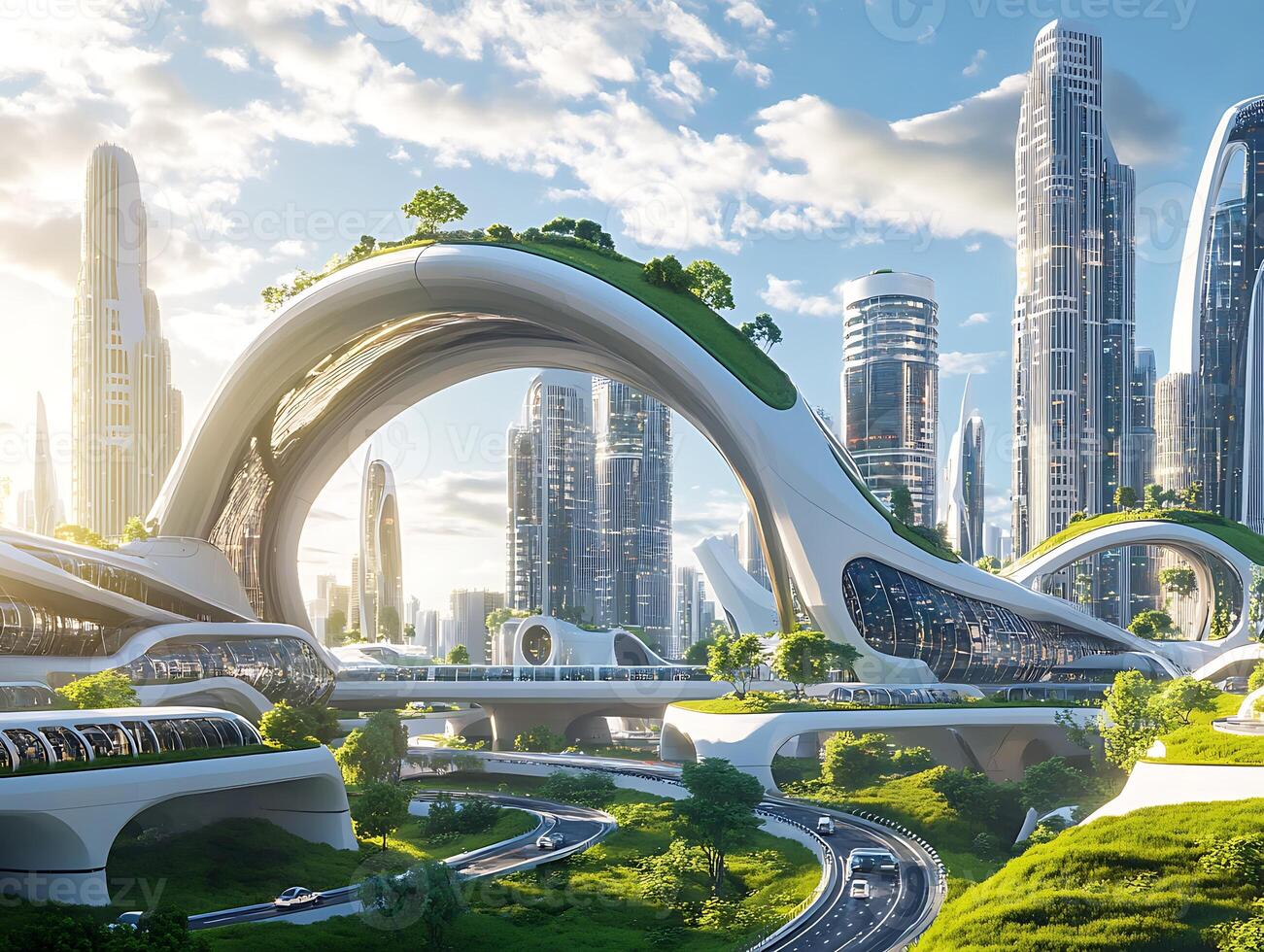 Futuristic city with futuristic architecture and futuristic buildings photo