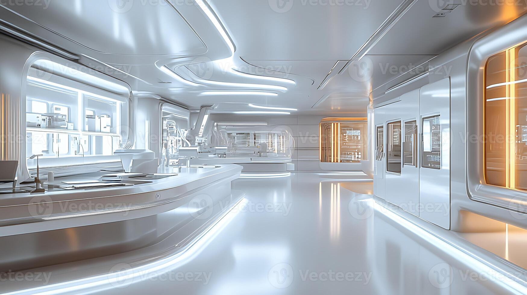 A futuristic kitchen with a long counter and a sink photo