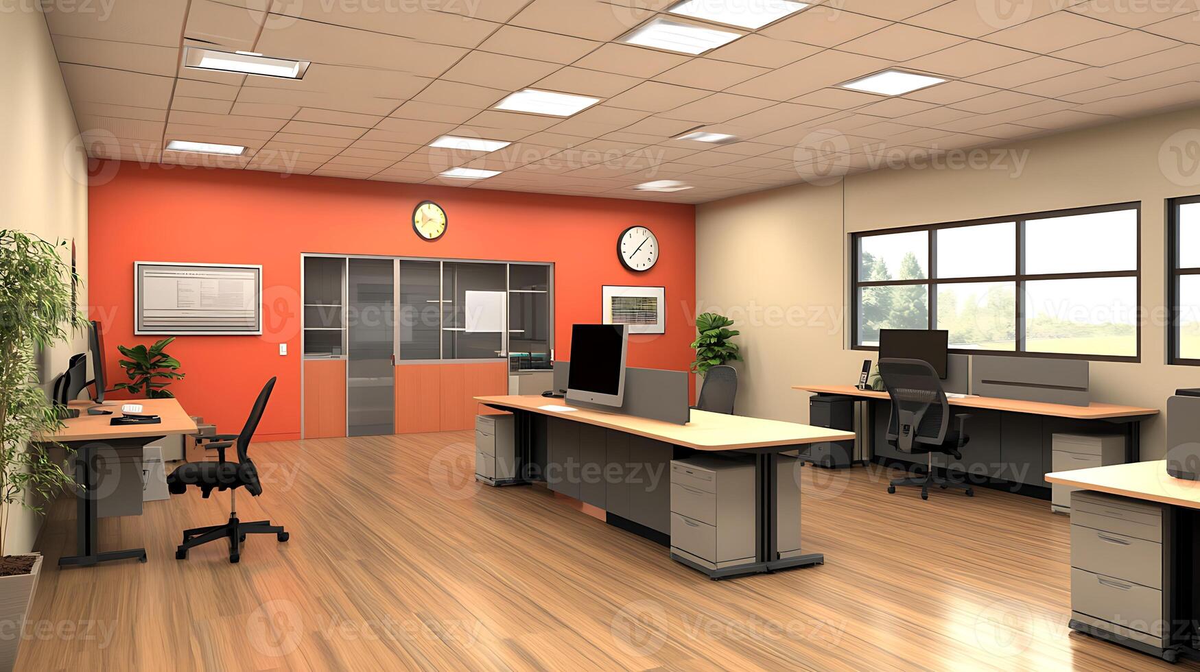 A large open office with desks and computers photo