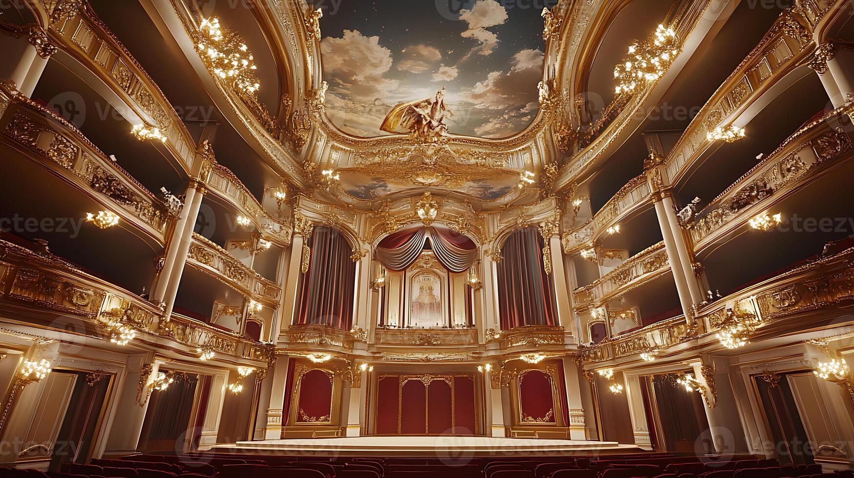A theater with a large stage and a ceiling with a sky photo