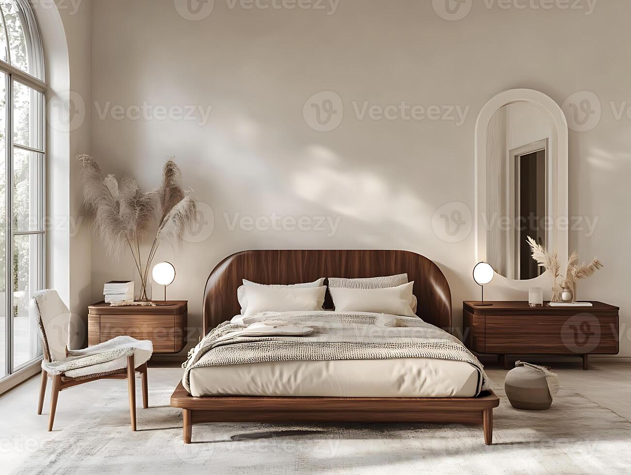 A bedroom with a bed, nightstands and mirror photo