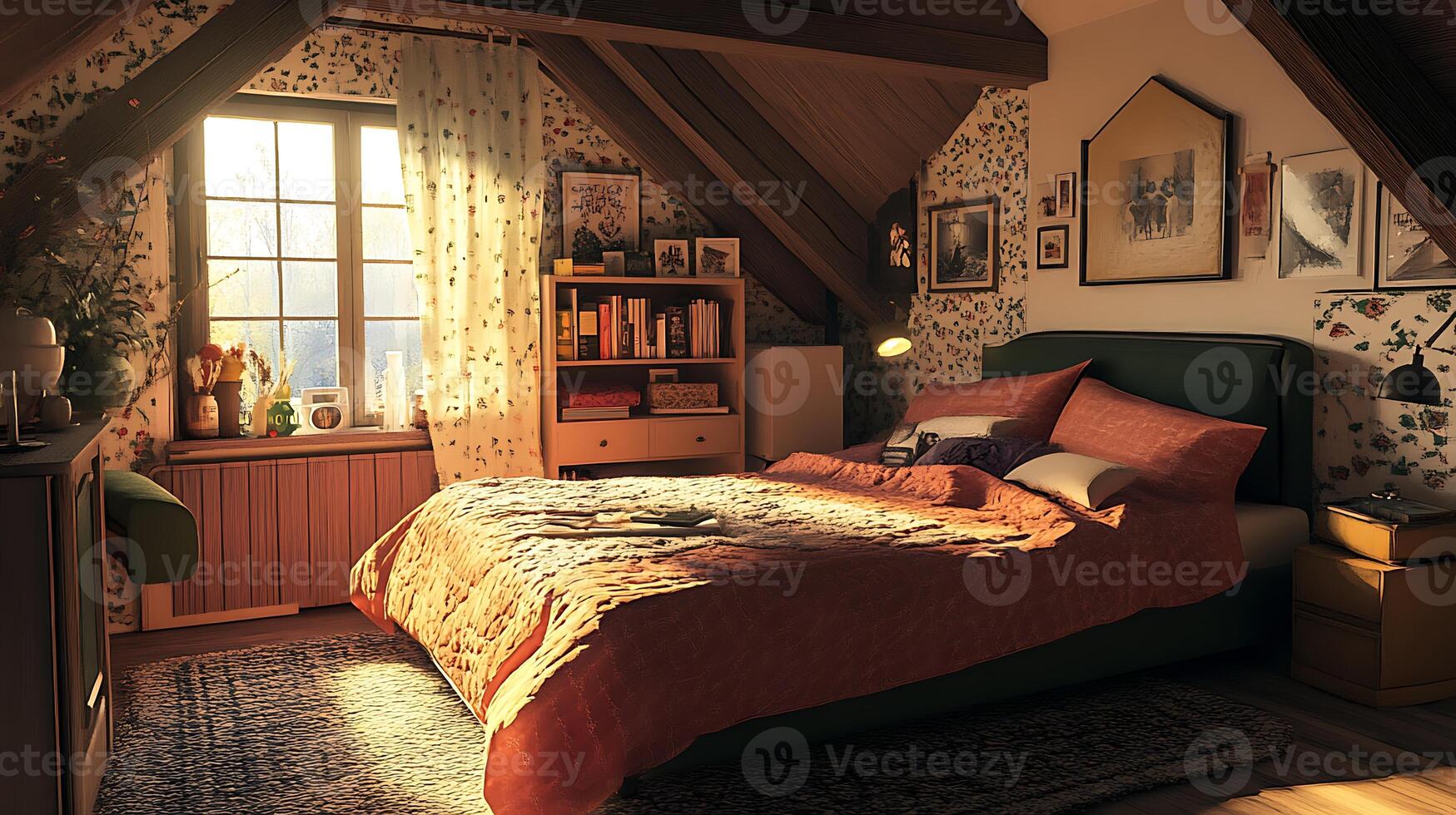 A bedroom with a bed, a dresser and a window photo