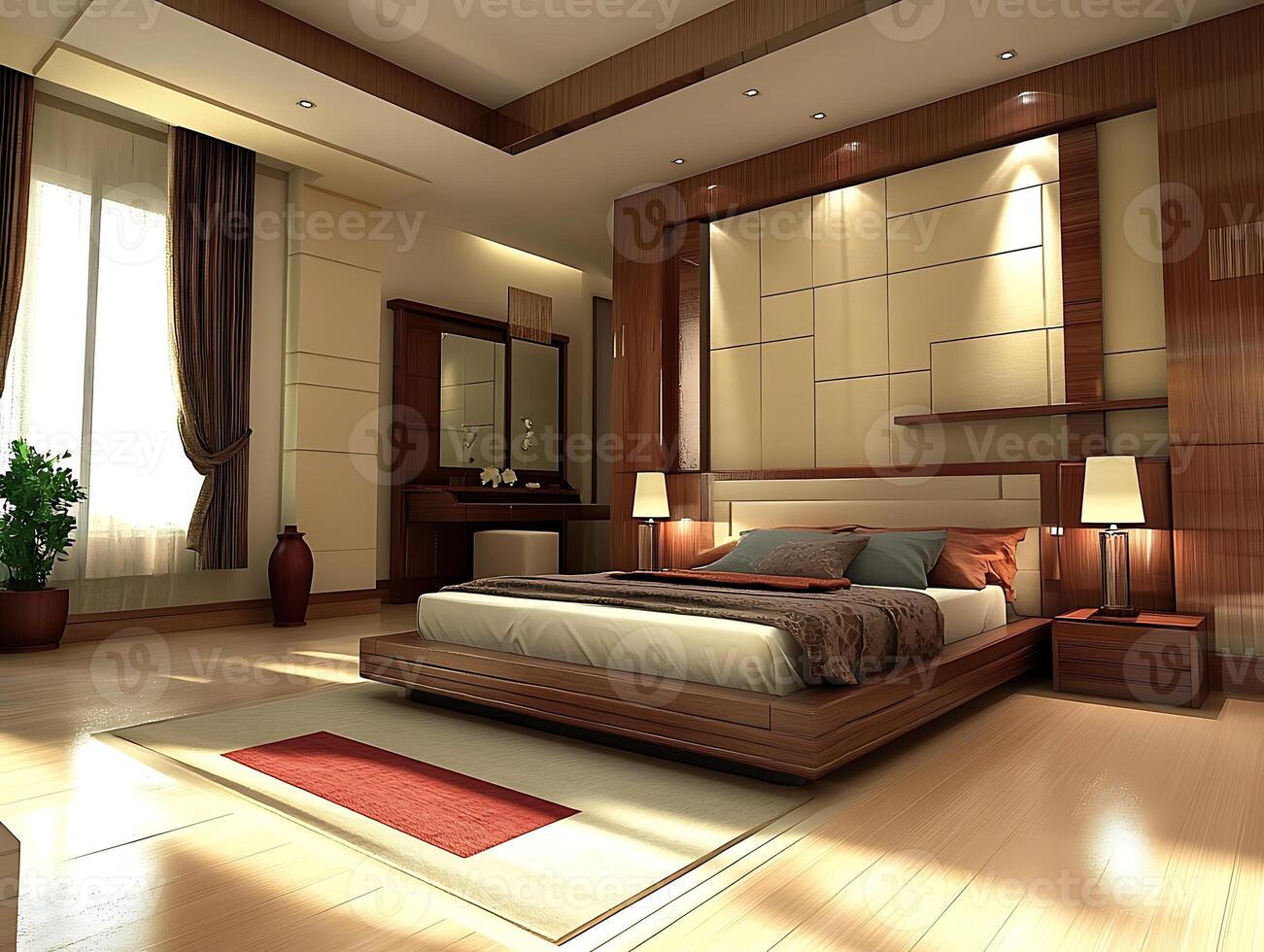 A modern bedroom with wooden furniture and a large bed photo