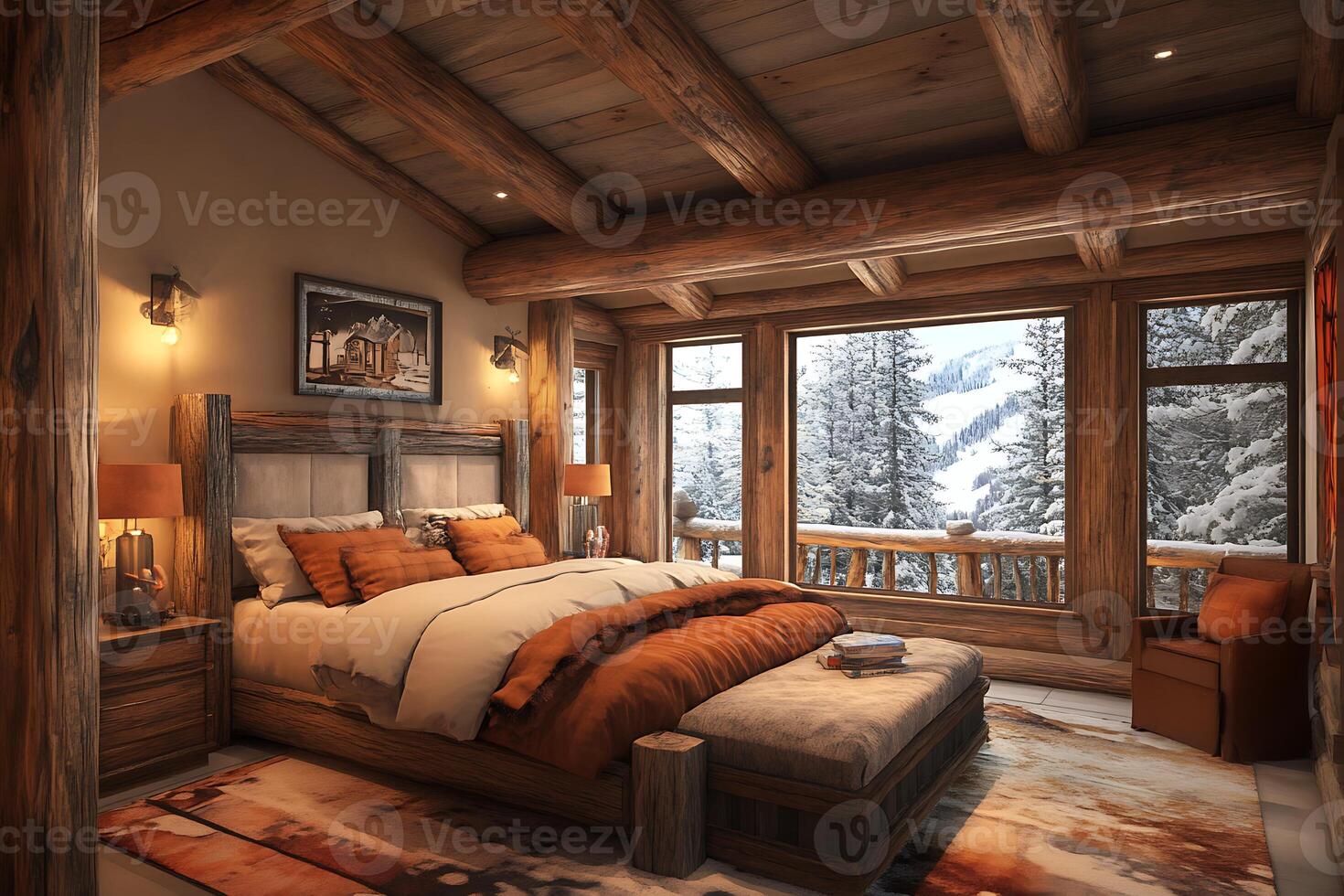 A bedroom with a rustic look and a view of the mountains photo