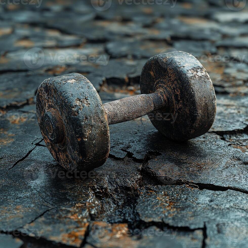 Old rusty dumbbell laying on cracked wet ground photo