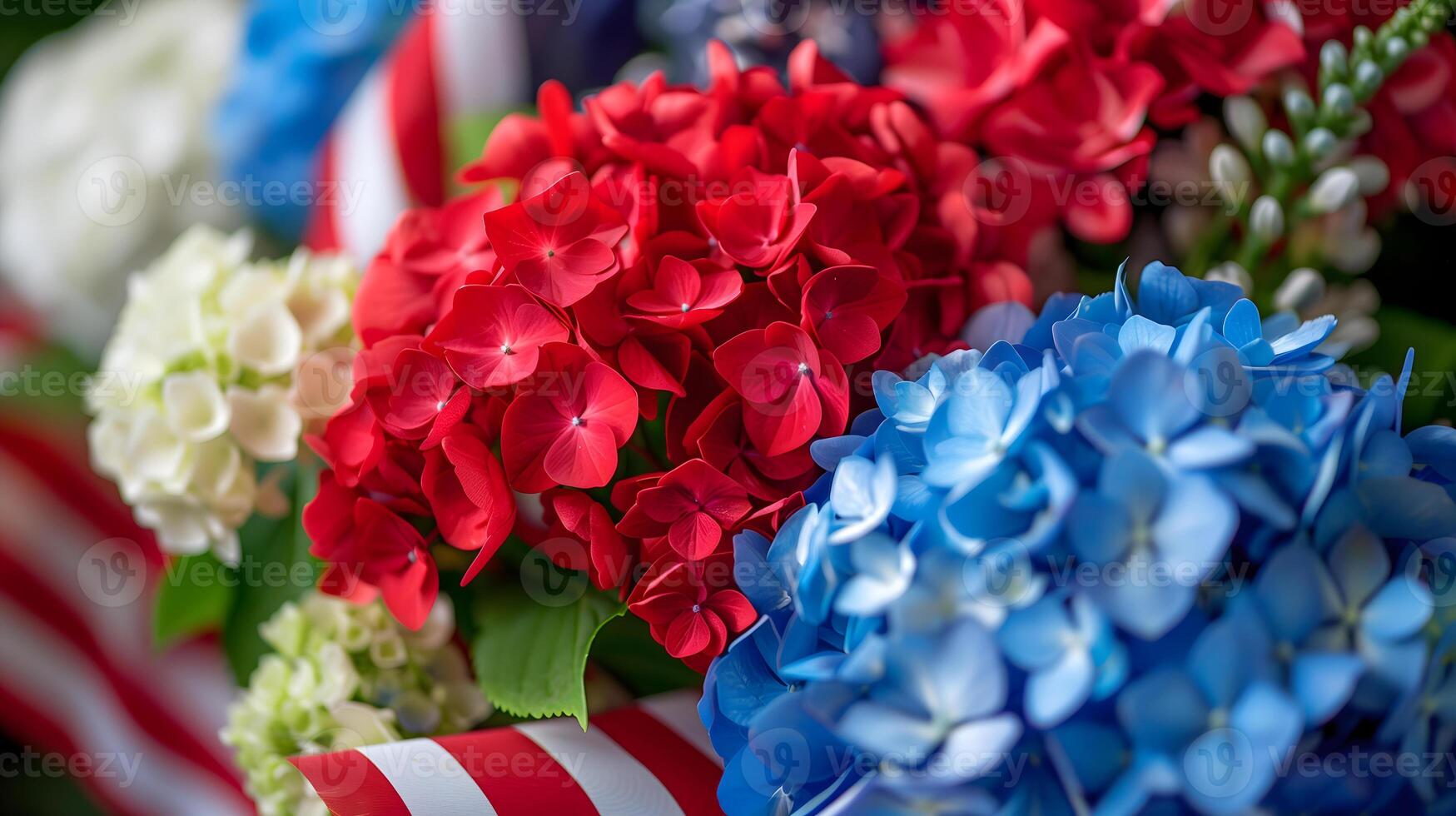 Close up of hydrangea flower arrangement. White, red, and blue floral composition for 4th of July and American federal holidays celebration photo