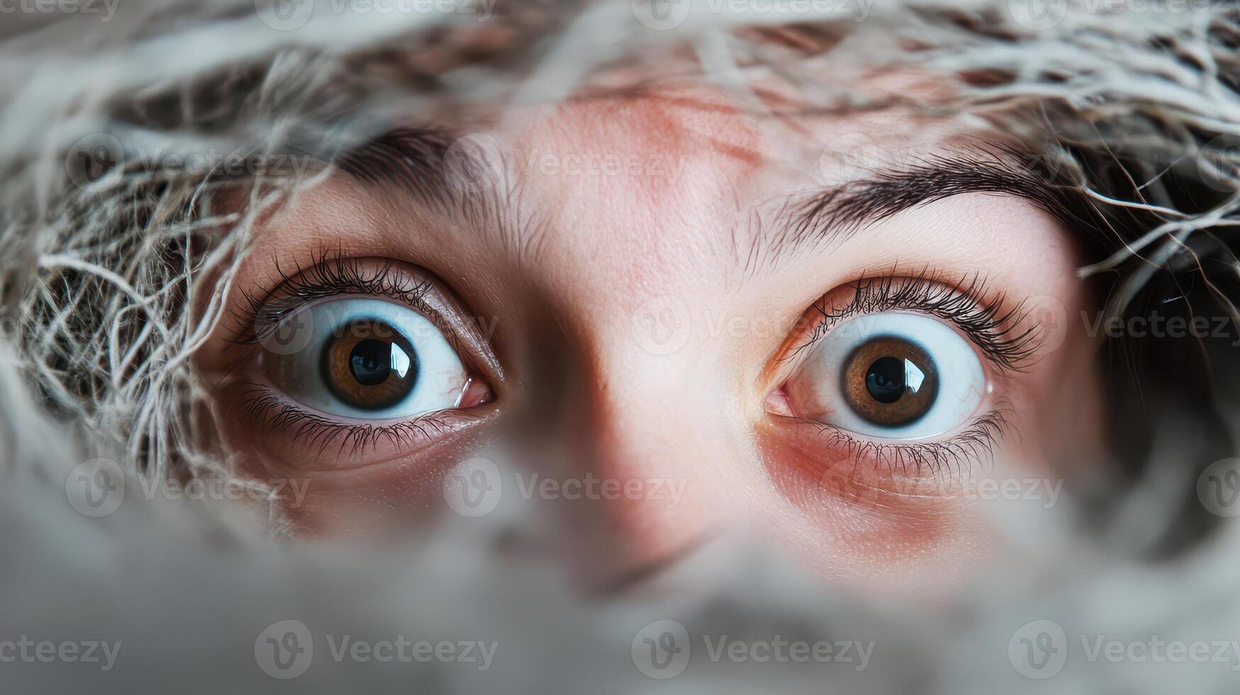 A woman's eyes are looking up through a nest photo