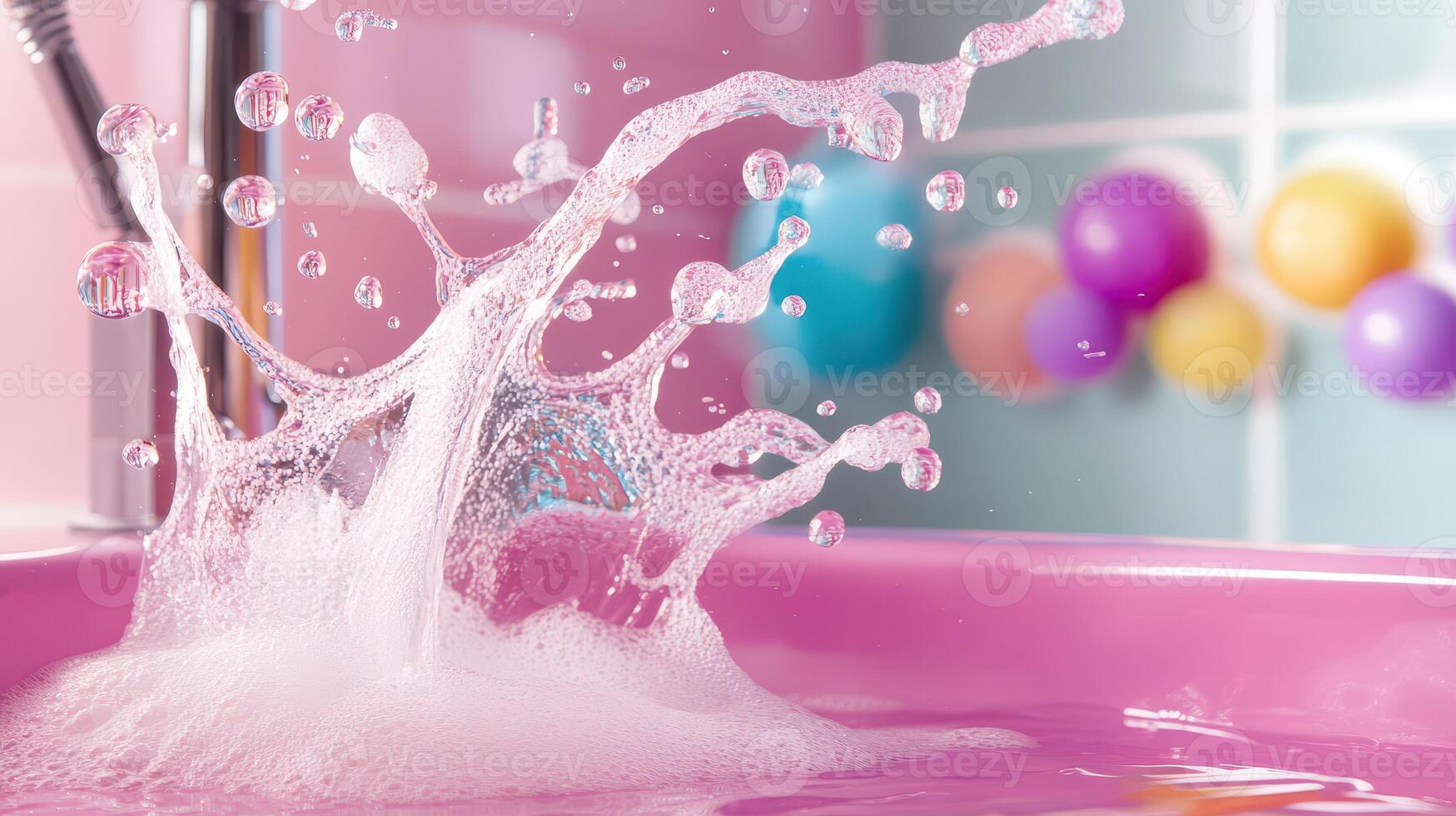 A pink sink with bubbles and water splashing photo