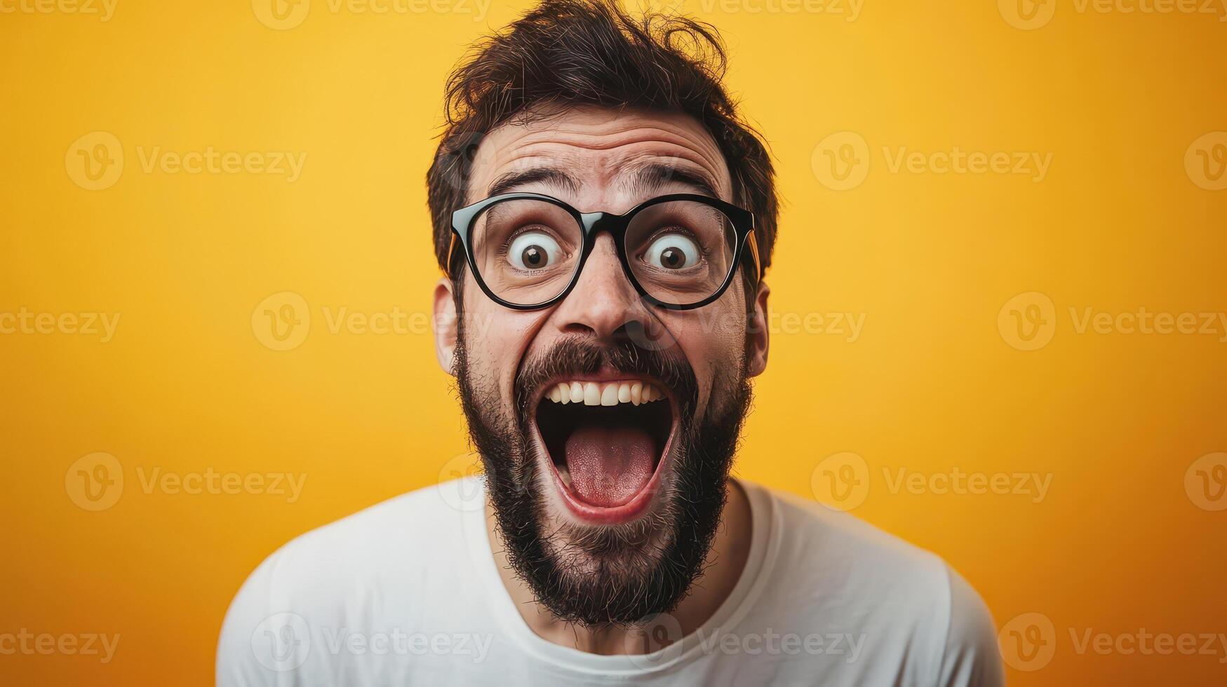 A man with glasses and a beard is making a surprised face photo