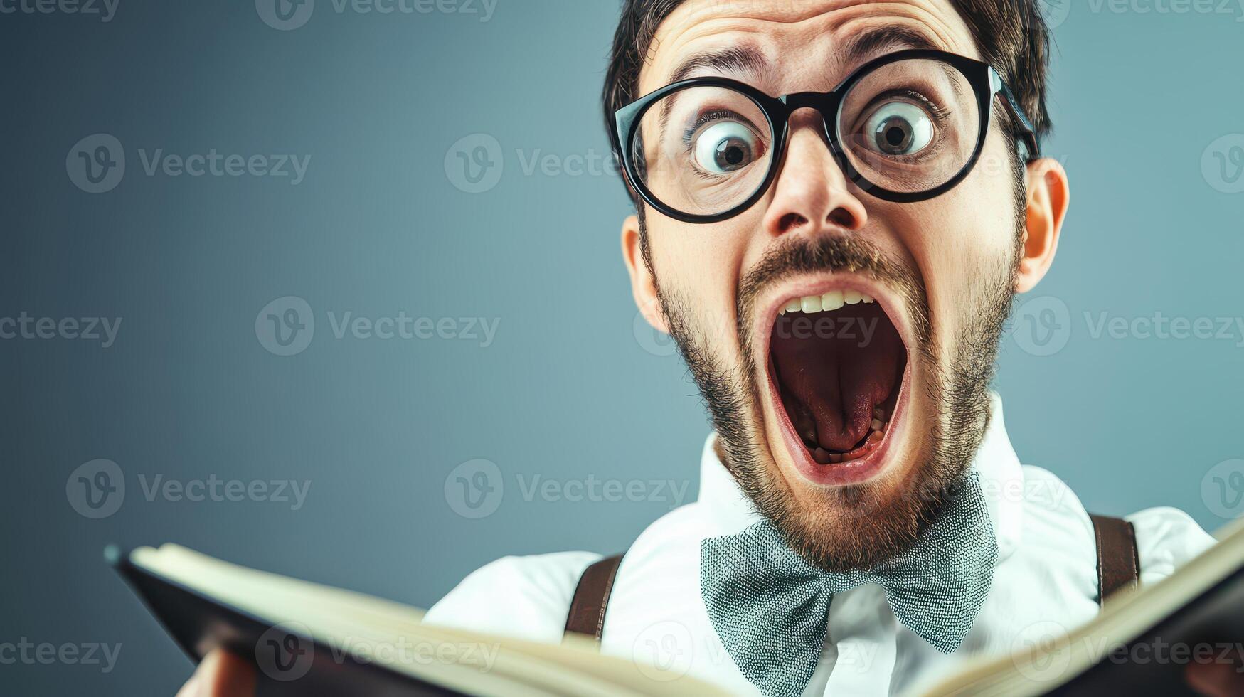 A man with glasses and a bow tie is reading a book photo