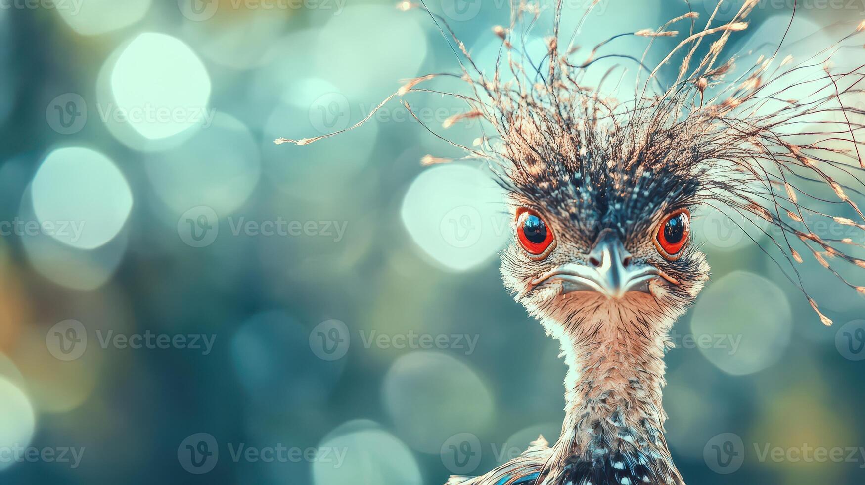 A close up of a bird with long hair photo
