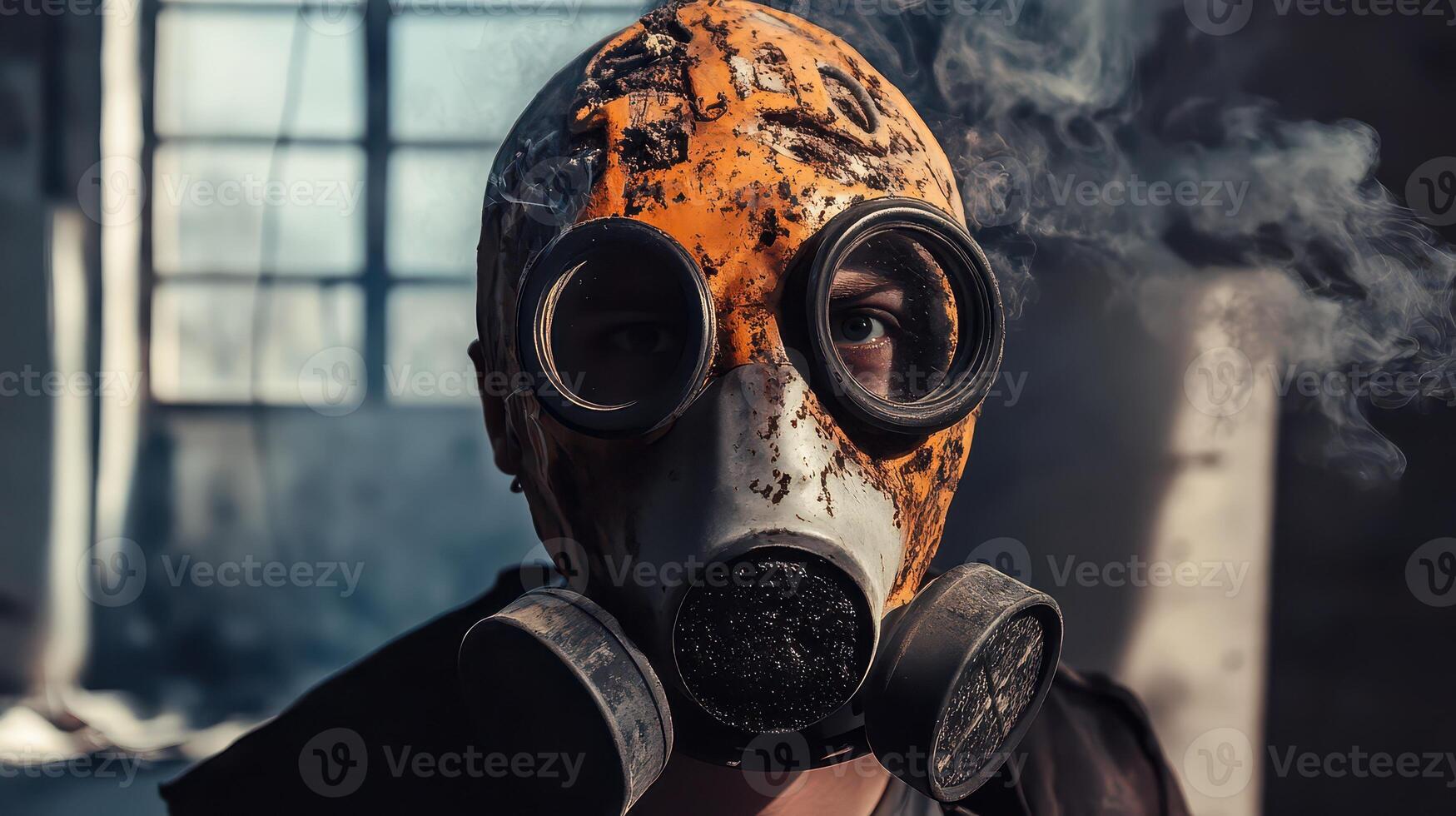 A man wearing a gas mask in an abandoned building photo