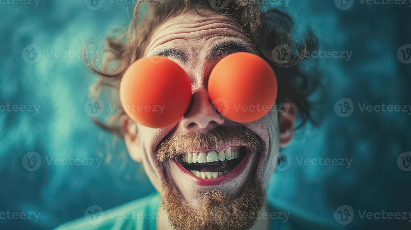 A man with two orange balloons on his face photo