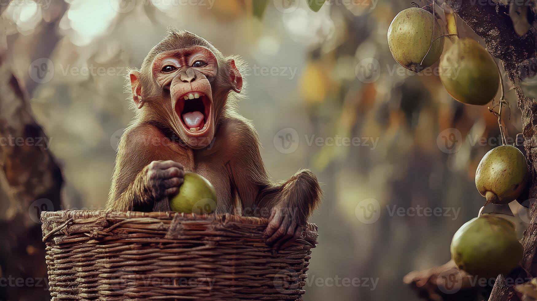 Monkey in basket with fruit photo