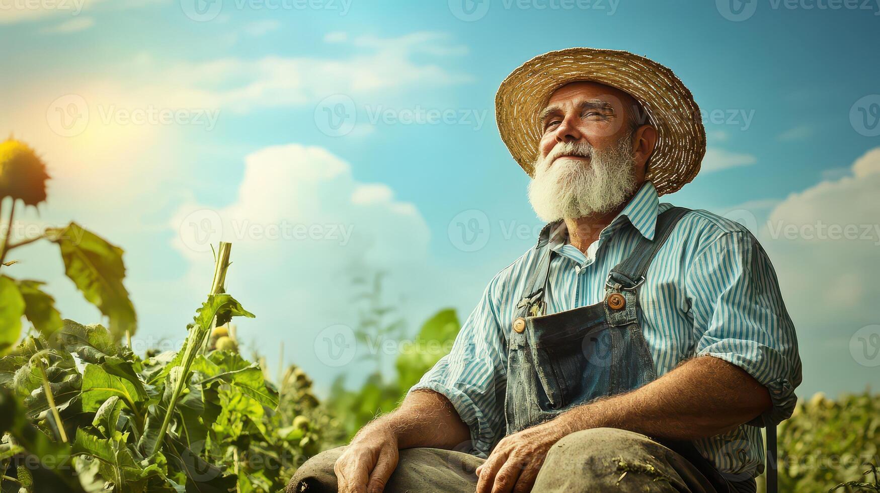 An old man sitting in a field with sunflowers photo