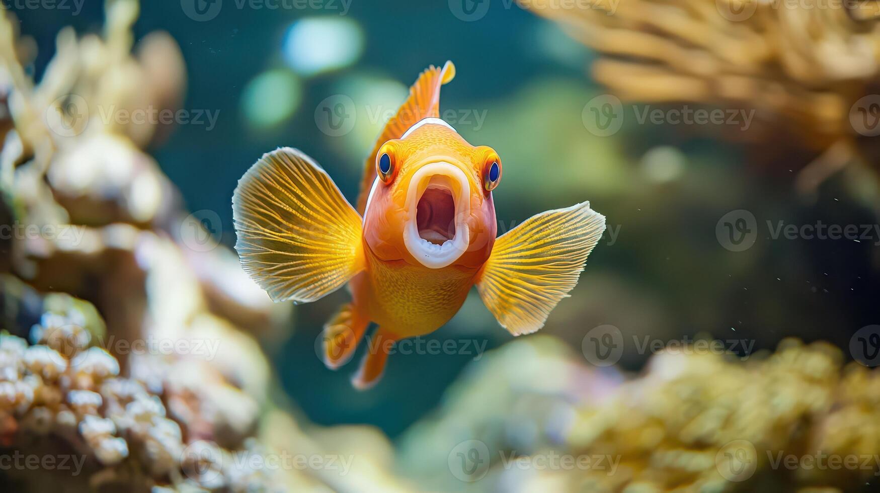 An orange clown fish with its mouth open photo