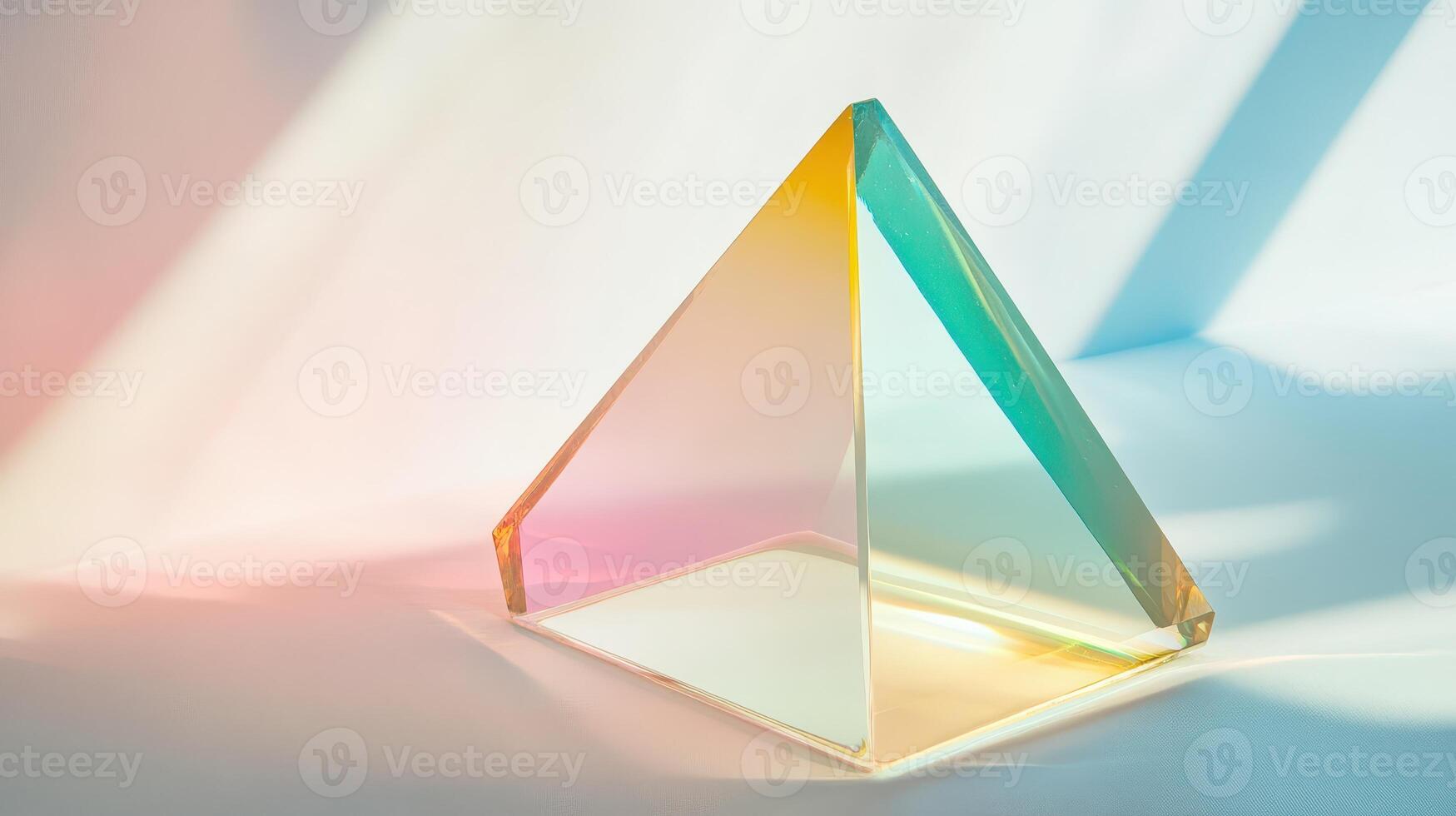 A glass pyramid shaped object with a rainbow colored background photo