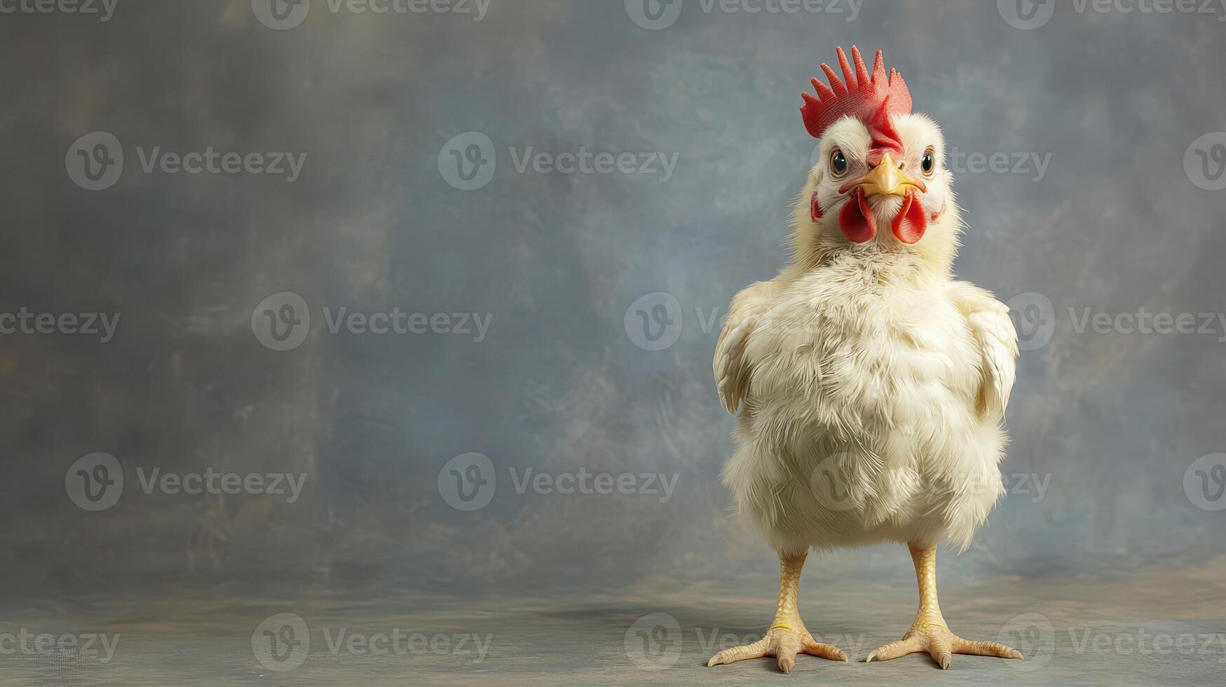 A white chicken standing on a gray background photo