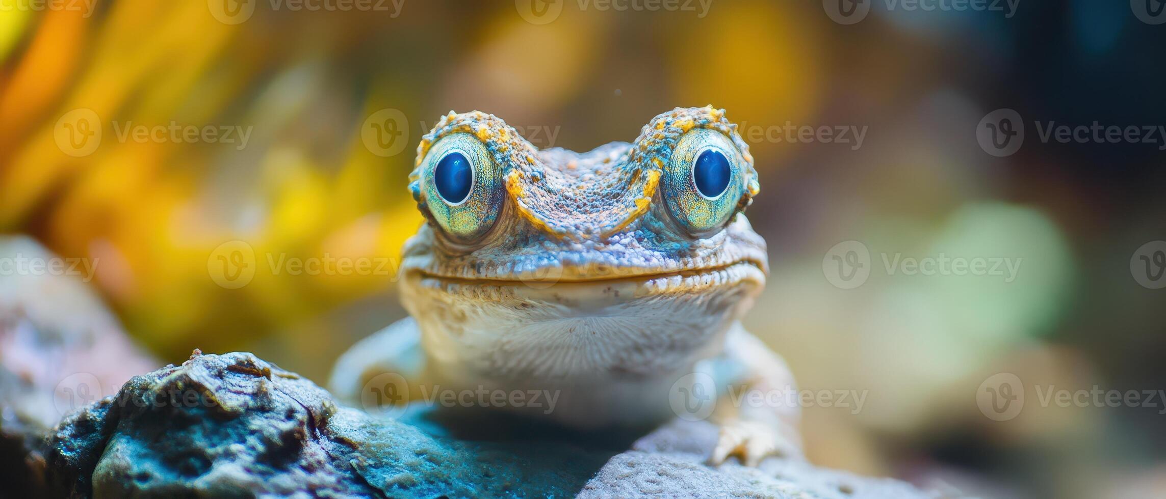 A lizard with big eyes sitting on a rock photo