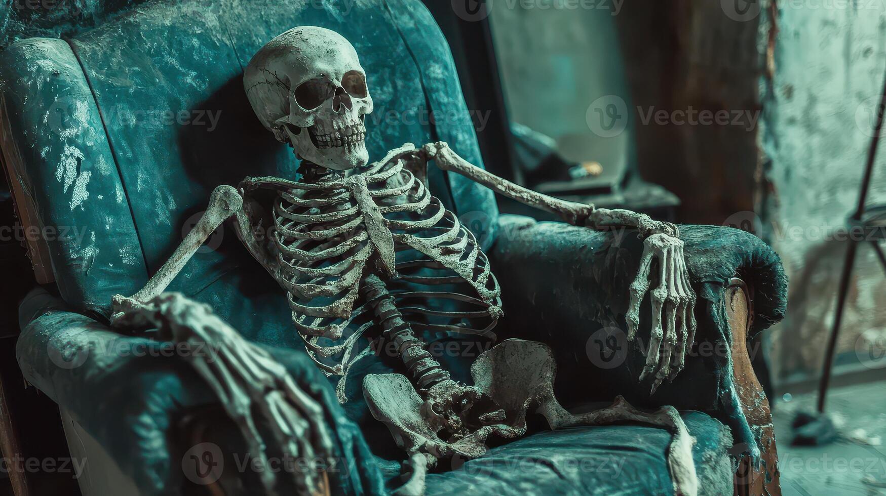 A skeleton sitting in a chair in an old house photo