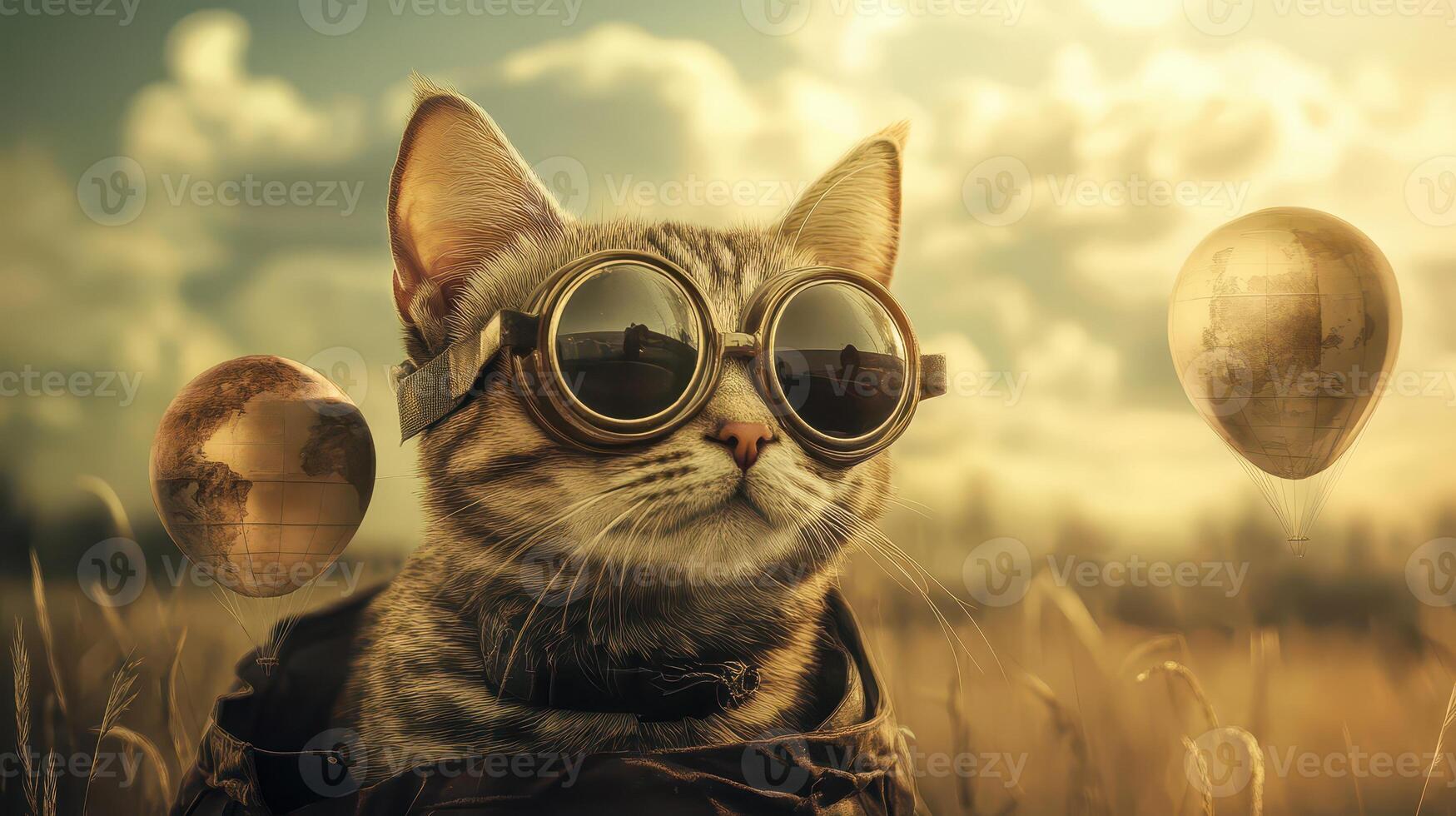 A cat wearing goggles and a hat in a field photo