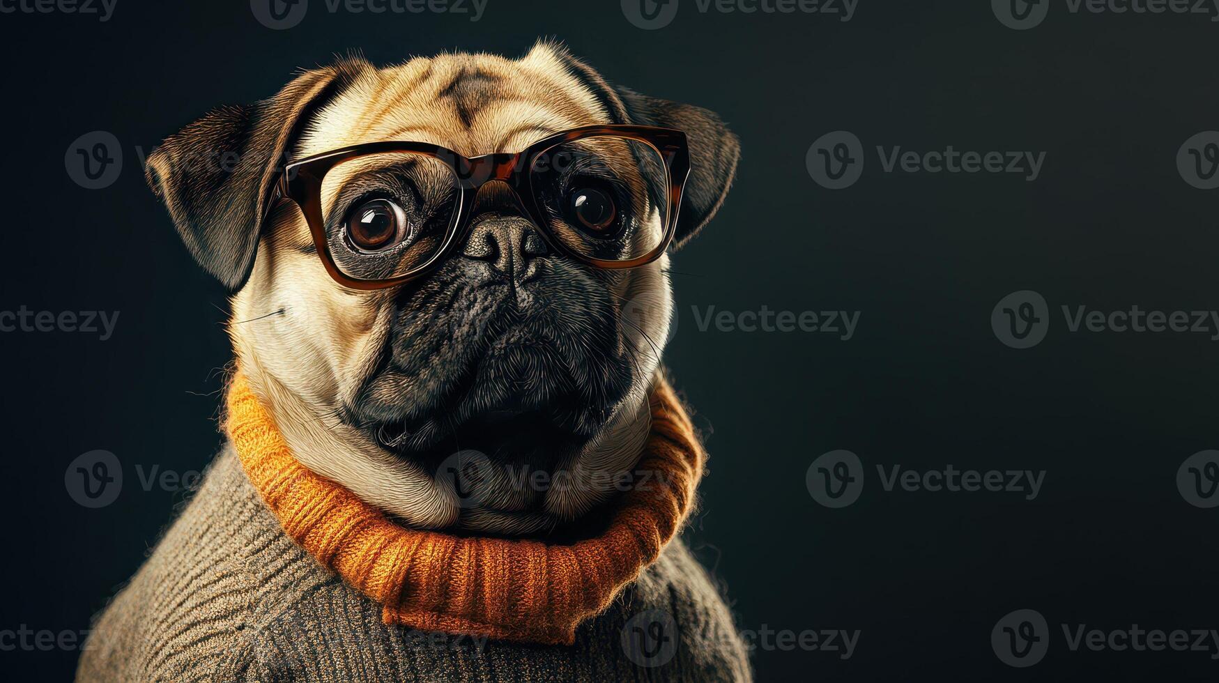 A pug dog wearing glasses and a sweater photo
