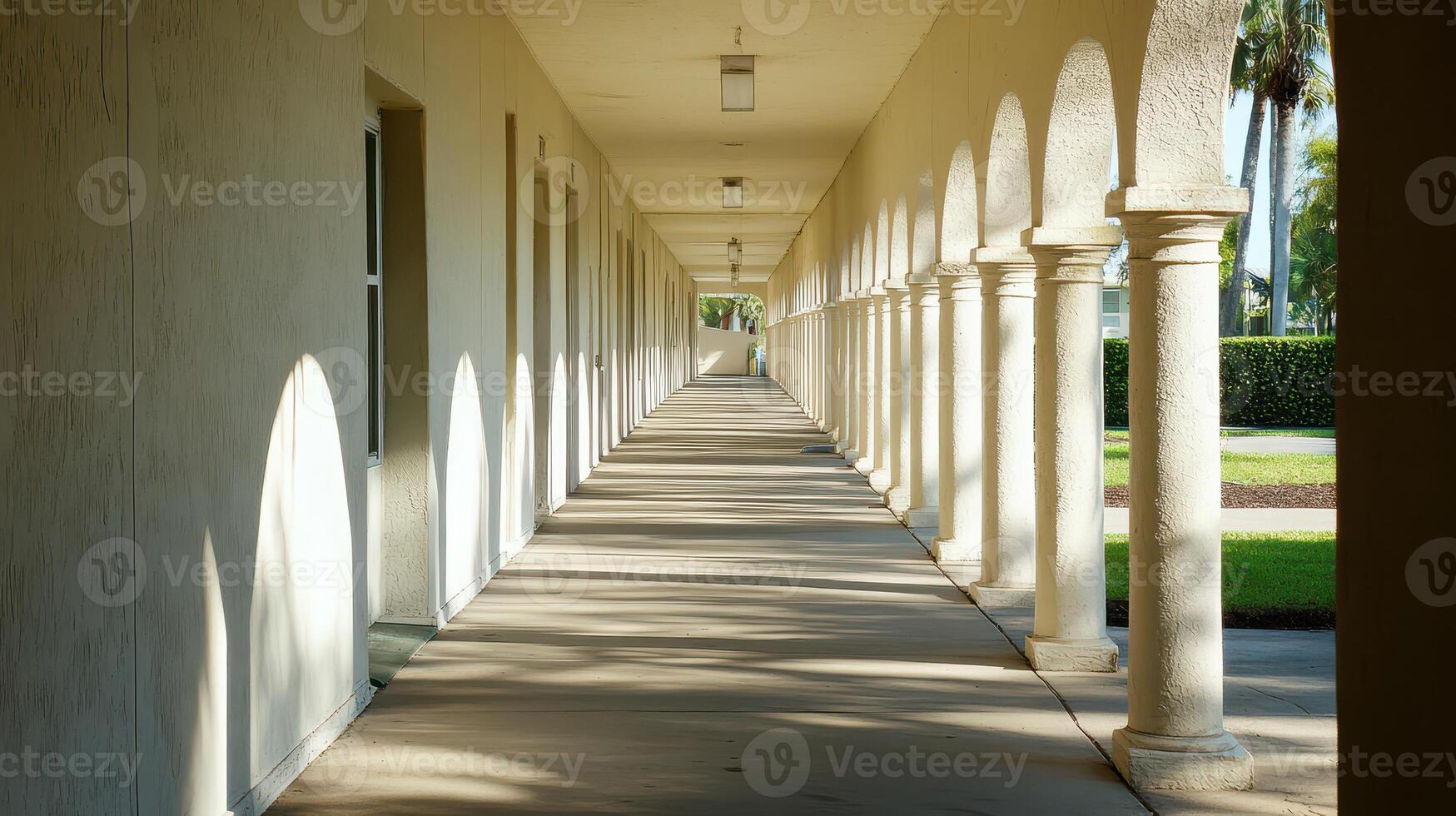 A long hallway with pillars and a green lawn photo