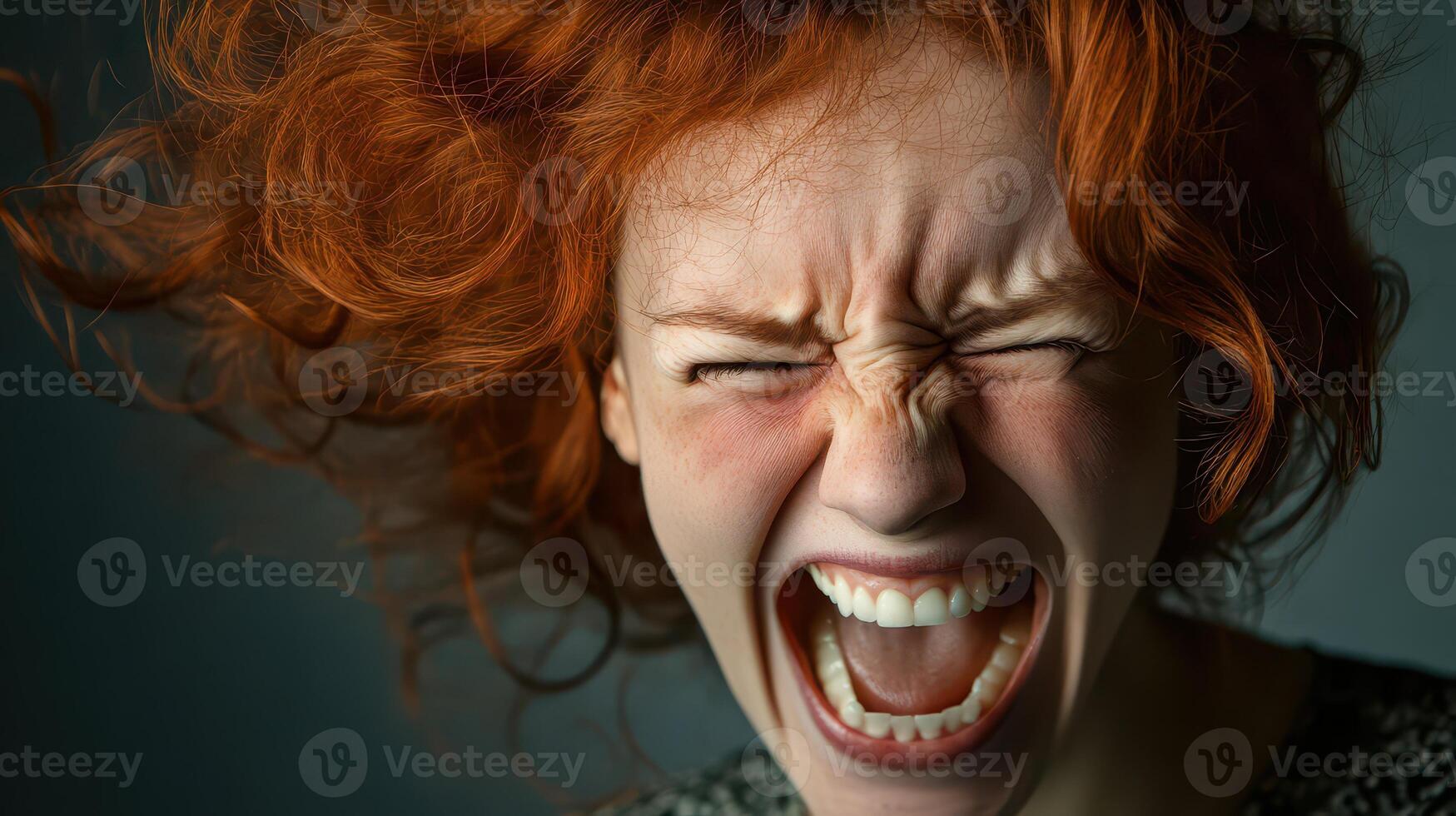 A woman with red hair screaming photo