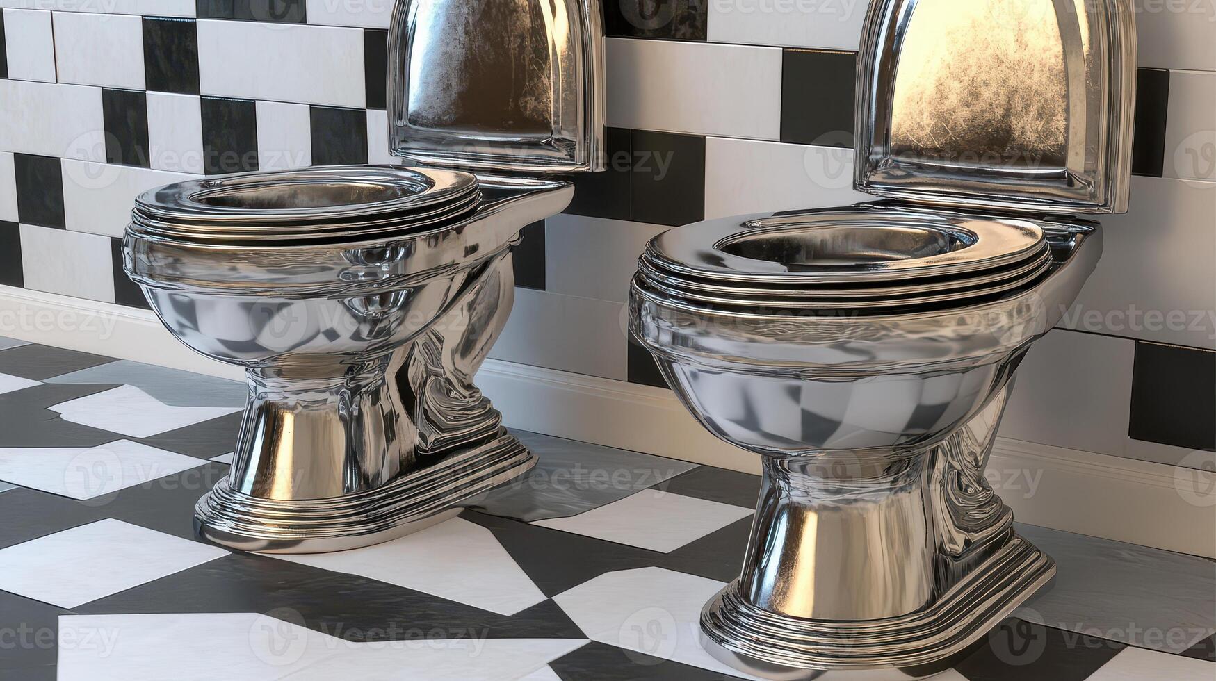 Two toilets in a bathroom with a black and white tile floor photo