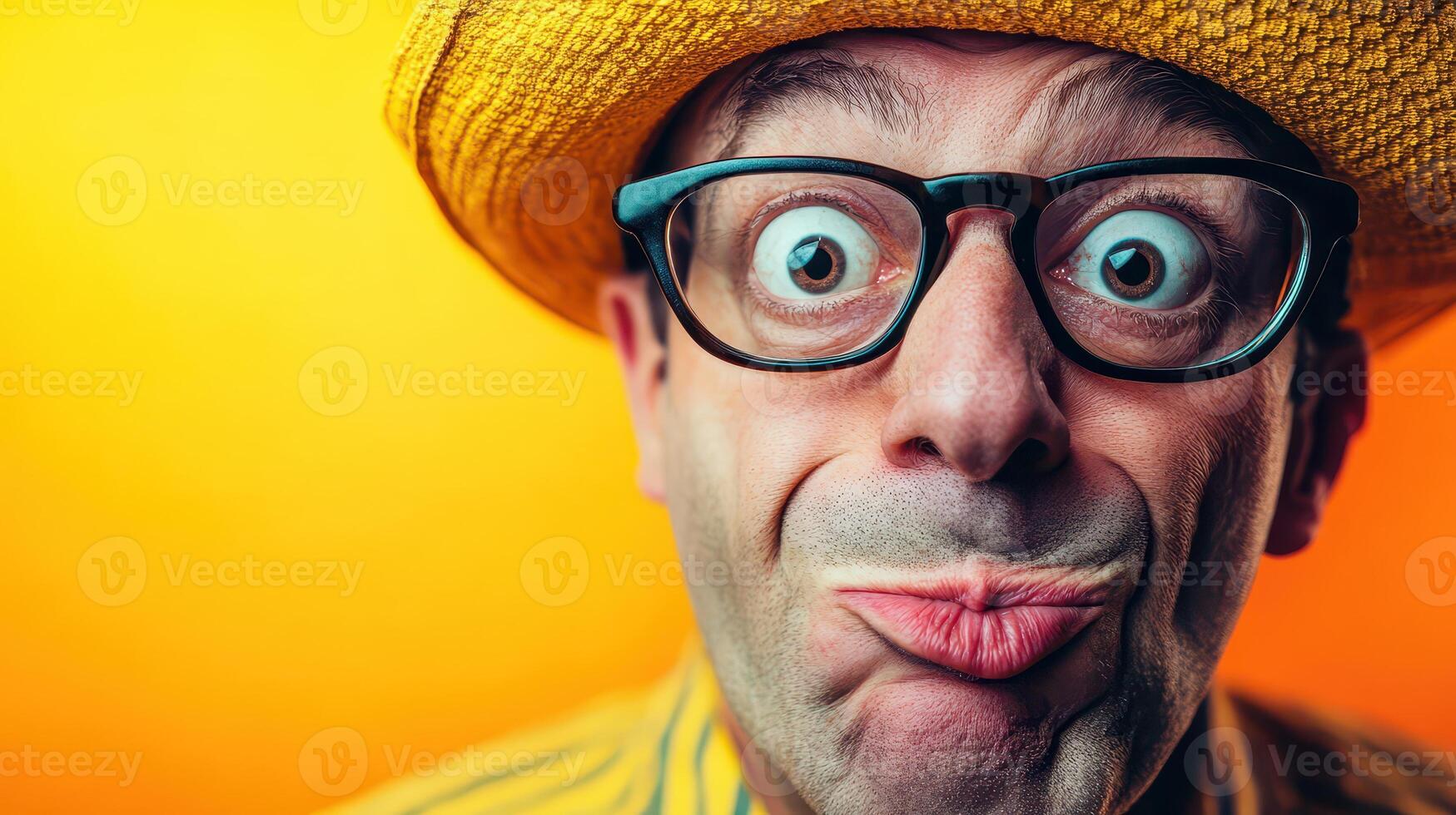 A man wearing a hat and glasses with a funny expression photo