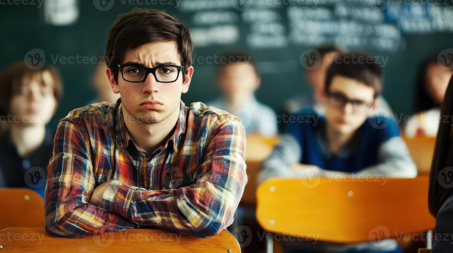 A man in glasses sitting at a desk in front of a classroom photo