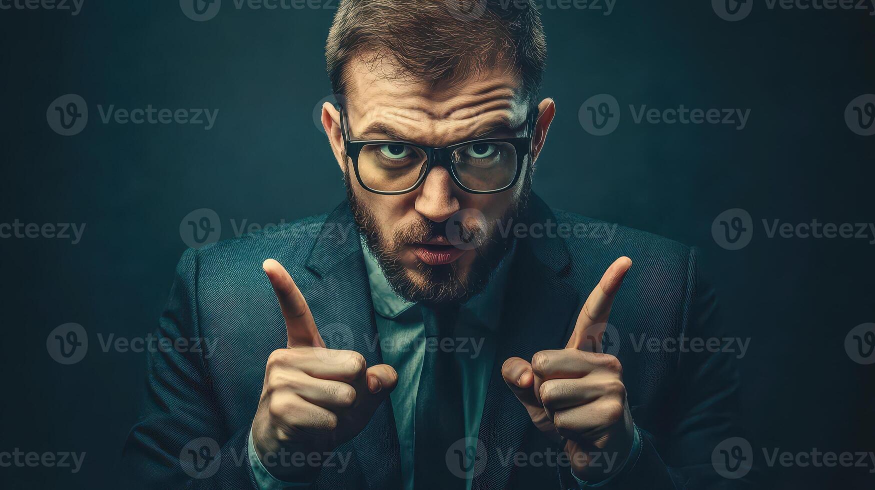 A man in glasses and a suit is making a gesture with his hands photo
