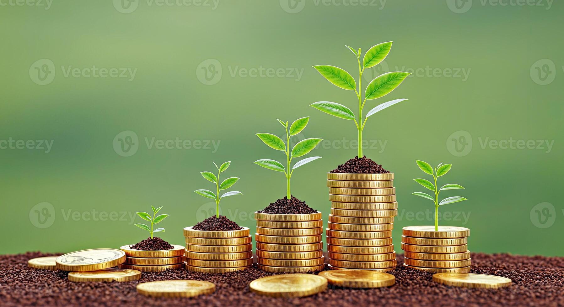 Gold coins and plant growth on green background photo