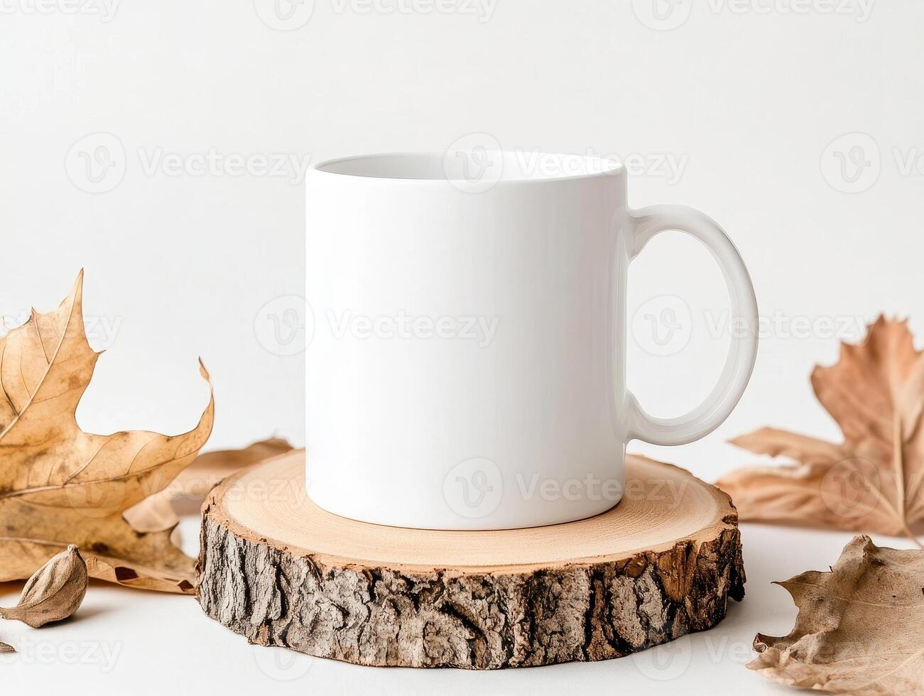 blank white mug on wooden slice surrounded by autumn leaves, perfect for cozy drinks photo