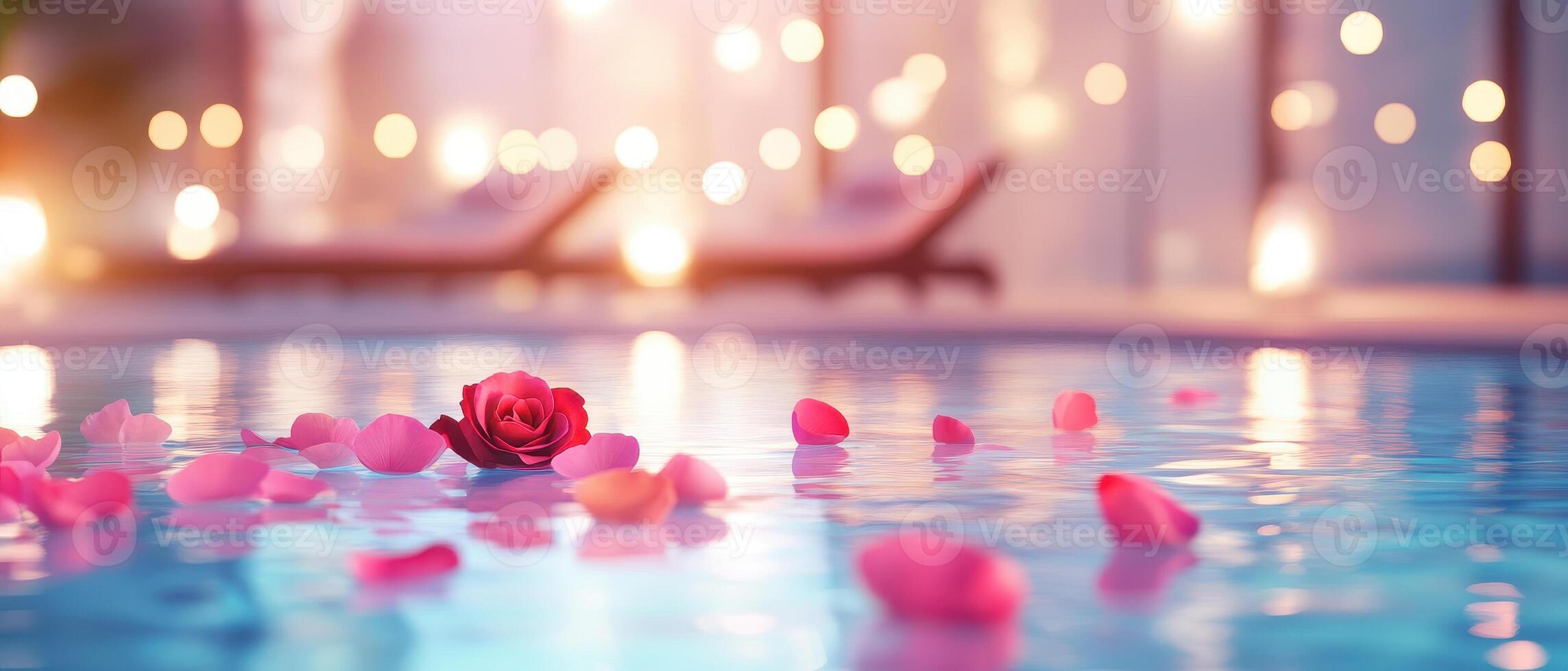 Aesthetic spa scene with floating rose petals in tranquil water, creating serene atmosphere photo
