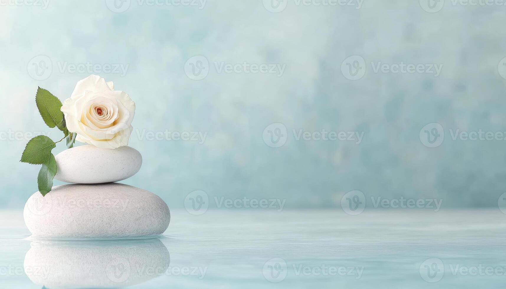 serene minimalist spa setting featuring white rose atop smooth stones, evoking tranquility and relaxation photo