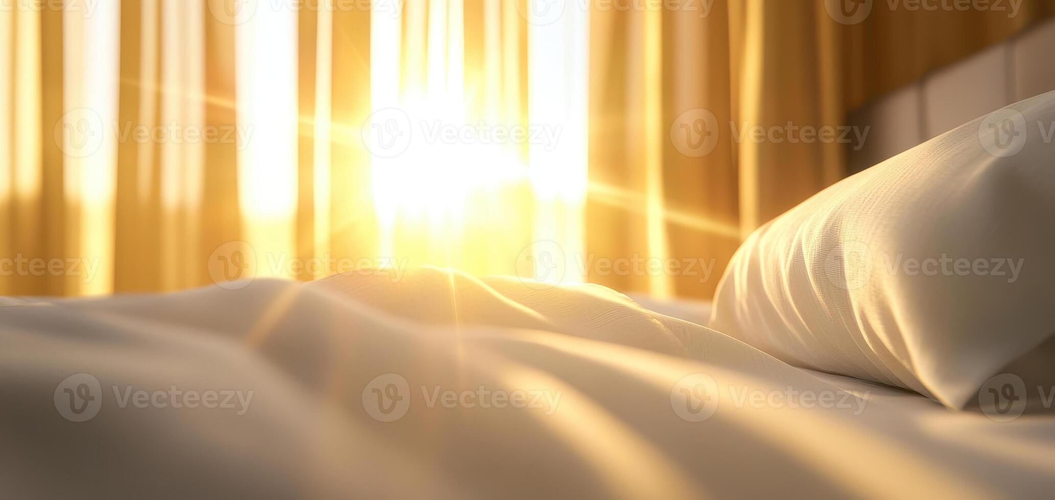 serene bedroom scene with sunlight streaming through sheer curtains, illuminating soft bed photo