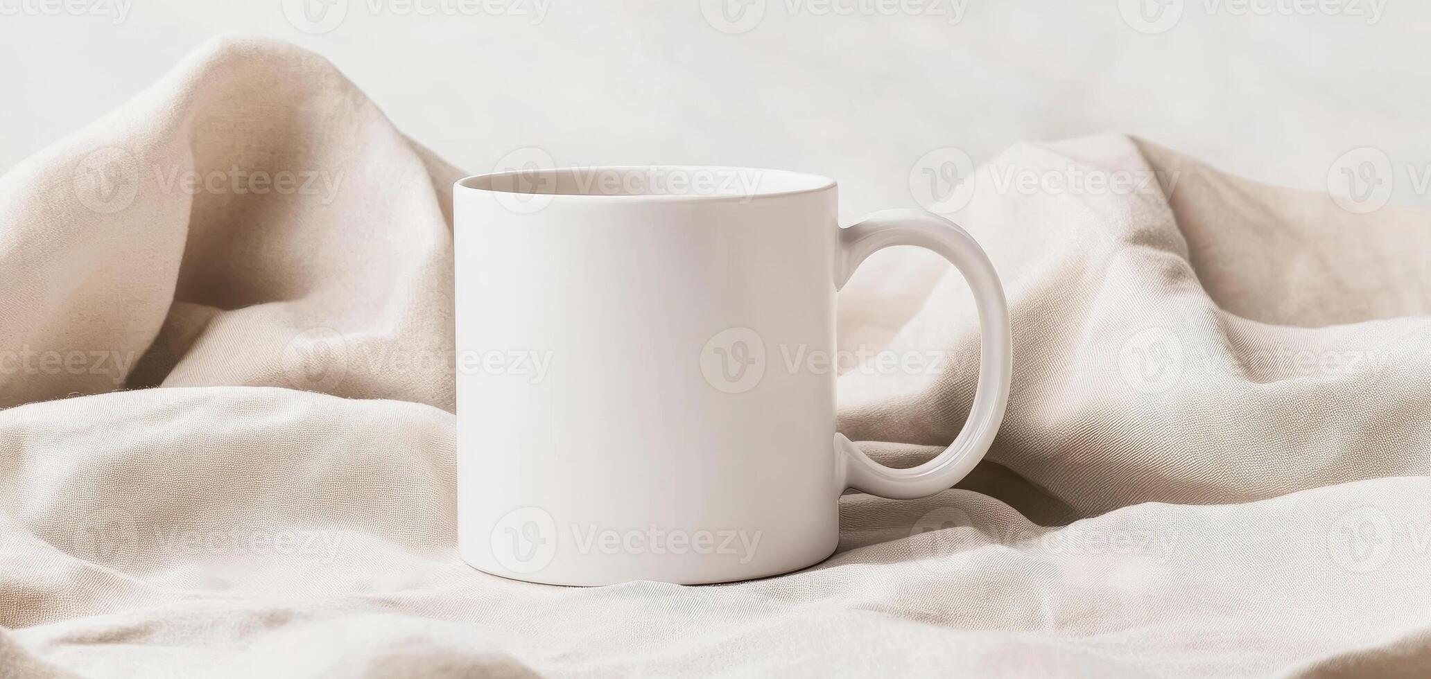 white coffee mug on linen covered podium, perfect for showcasing designs photo