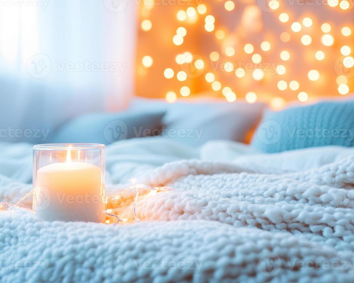 cozy bedroom scene featuring glowing candle on fluffy bedding, creating warm and inviting atmosphere photo