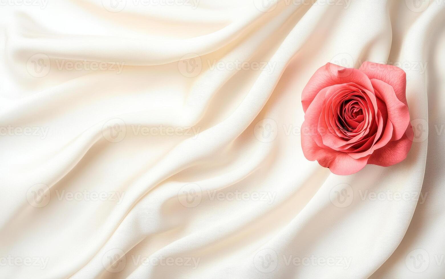 single pink rose rests elegantly on soft, cream colored fabric, creating serene and romantic atmosphere photo
