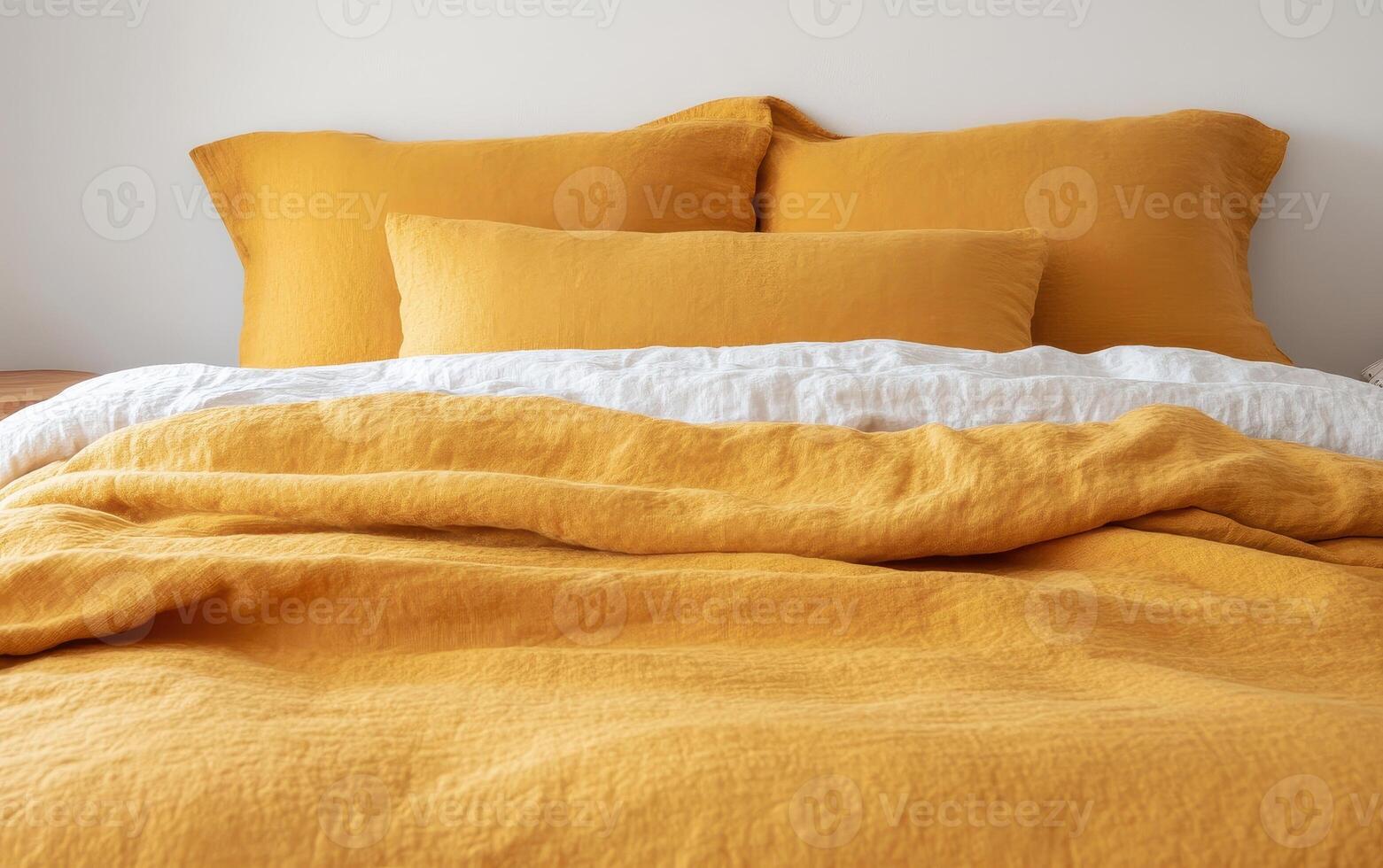 Cozy and inviting bed with warm yellow and white color palette, perfect for relaxation photo