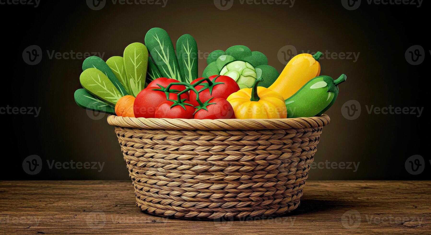 A basket full of vegetables on a wooden table photo