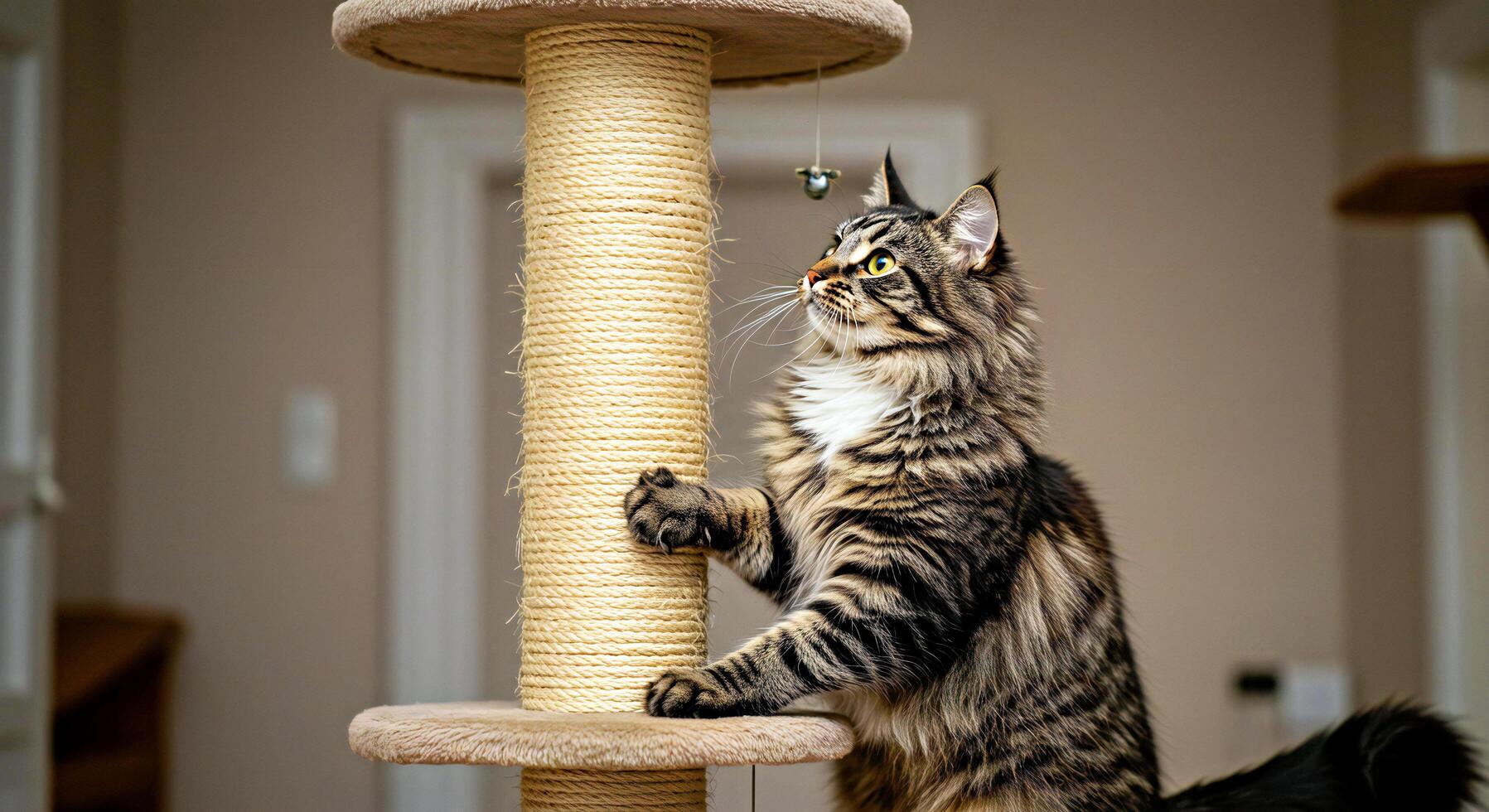 A cat playing with a scratching post photo