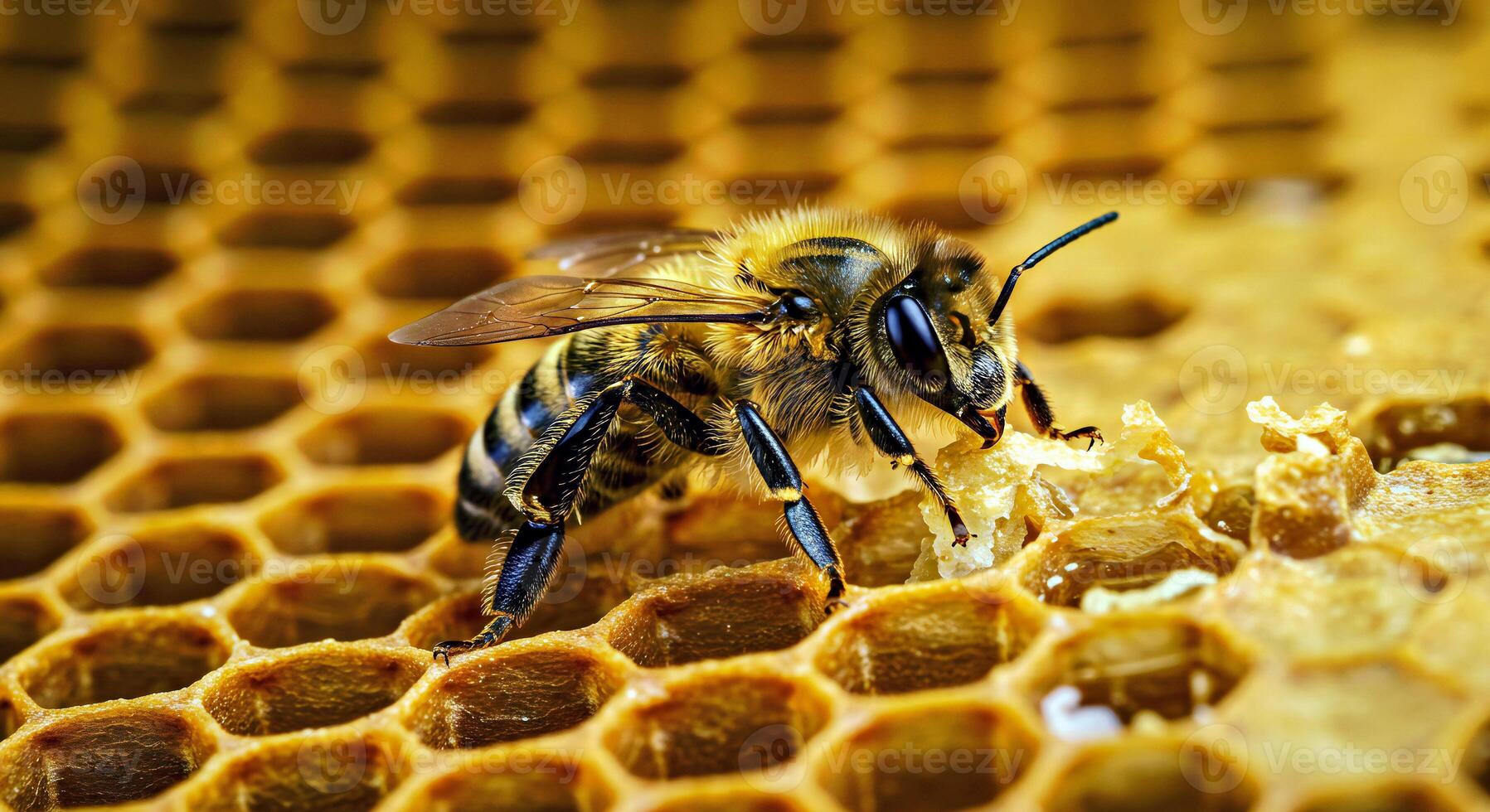 A Honey Bee Inside a Honeycomb Cell Working With Wax and Honey photo