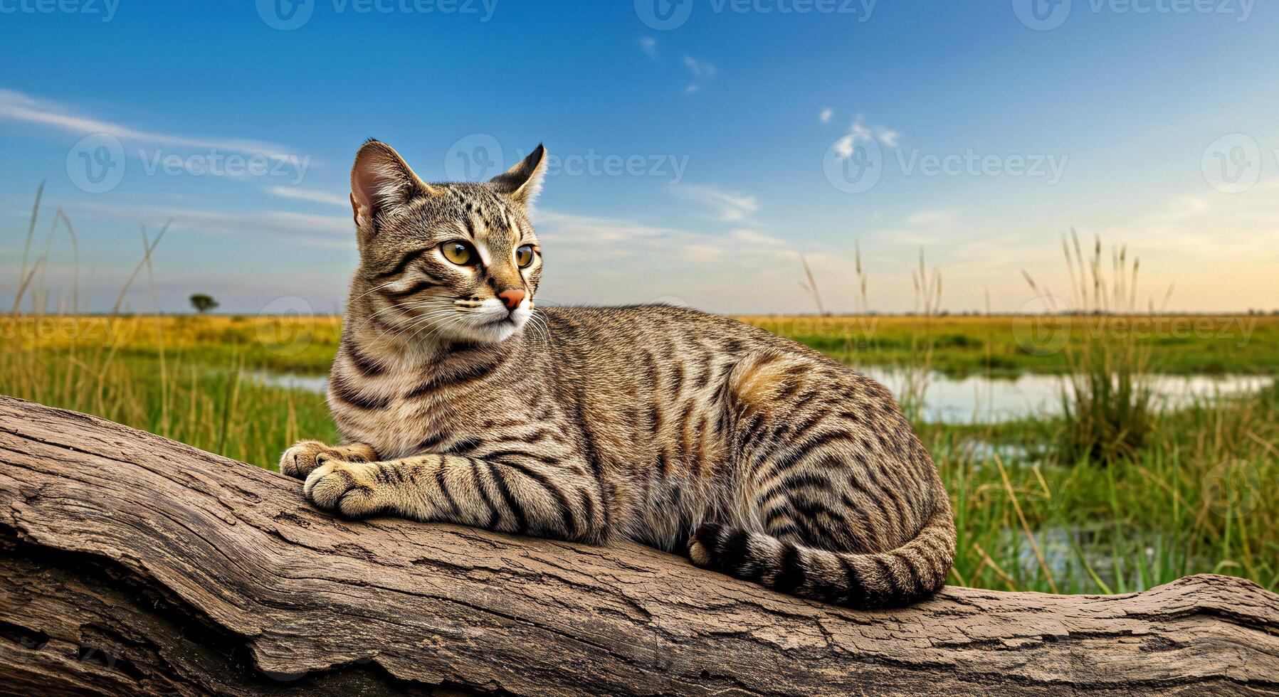 A striped cat sitting on a log in front of a body of water photo