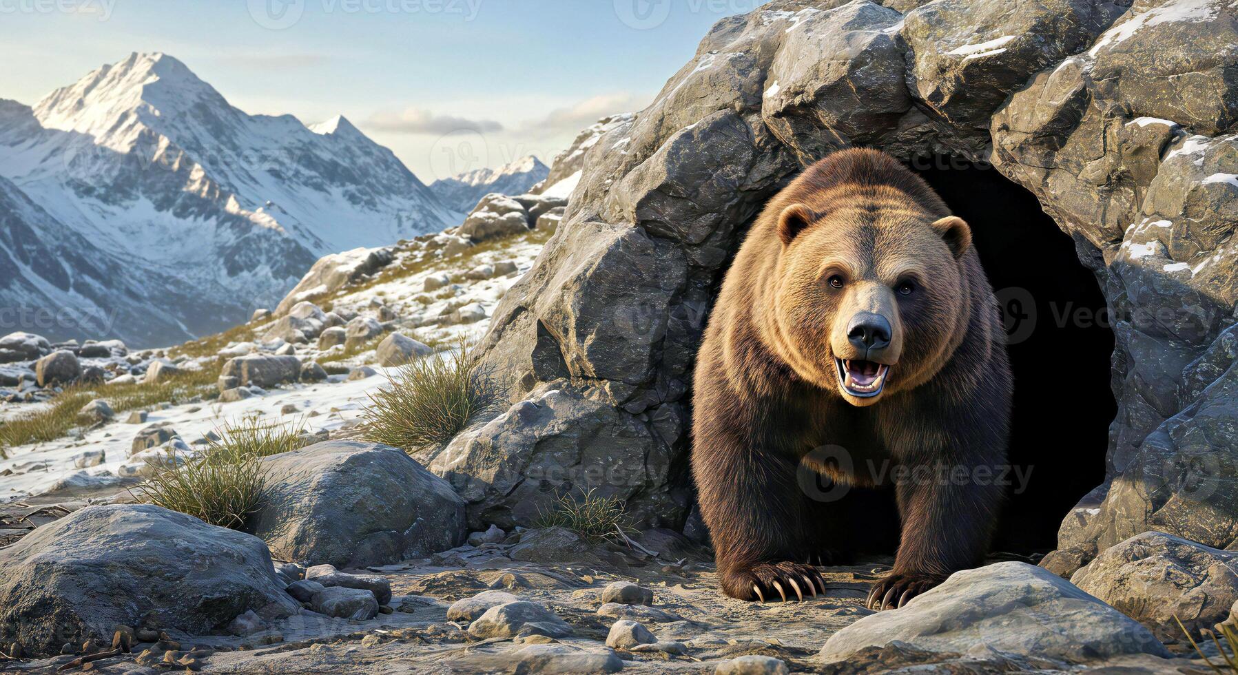 A brown bear is standing in a cave photo