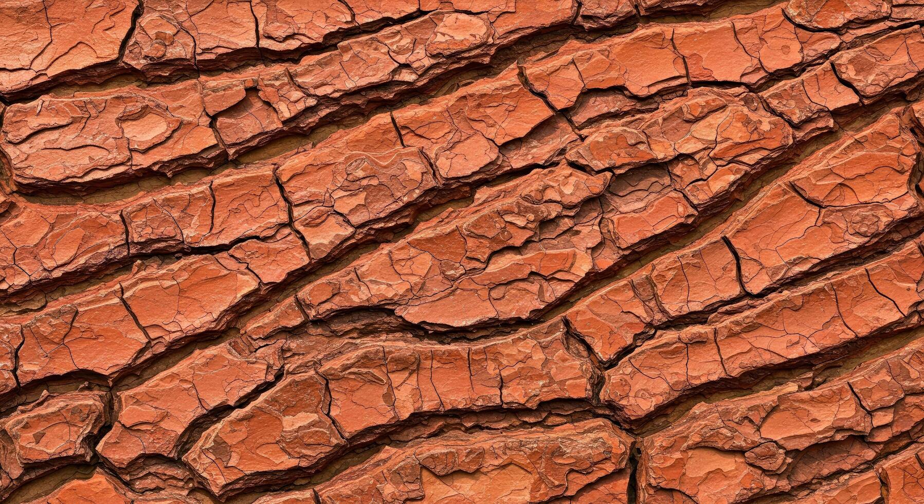 A close up of a cracked red dirt surface photo