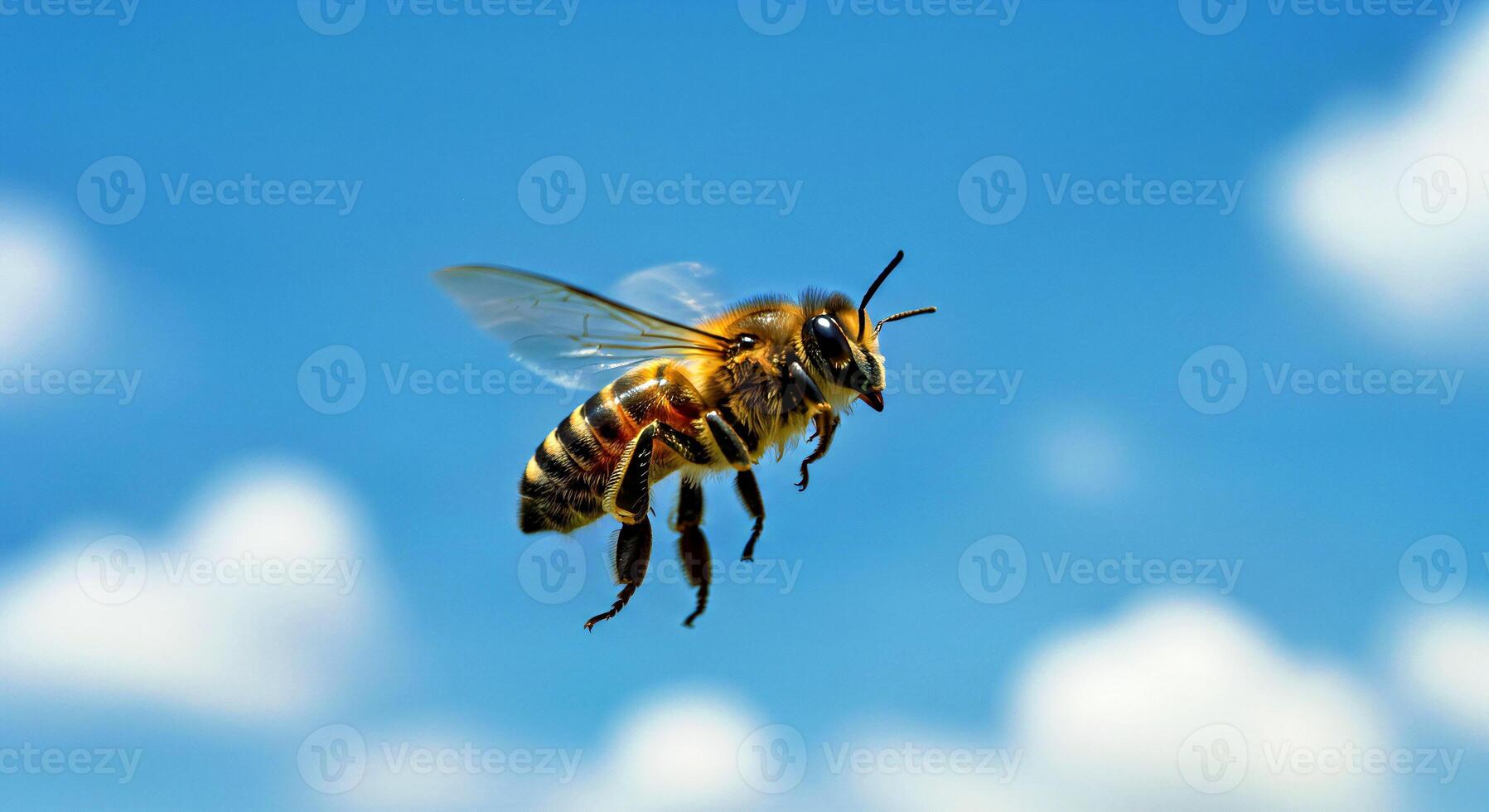 A bee flying in the blue sky with clouds photo