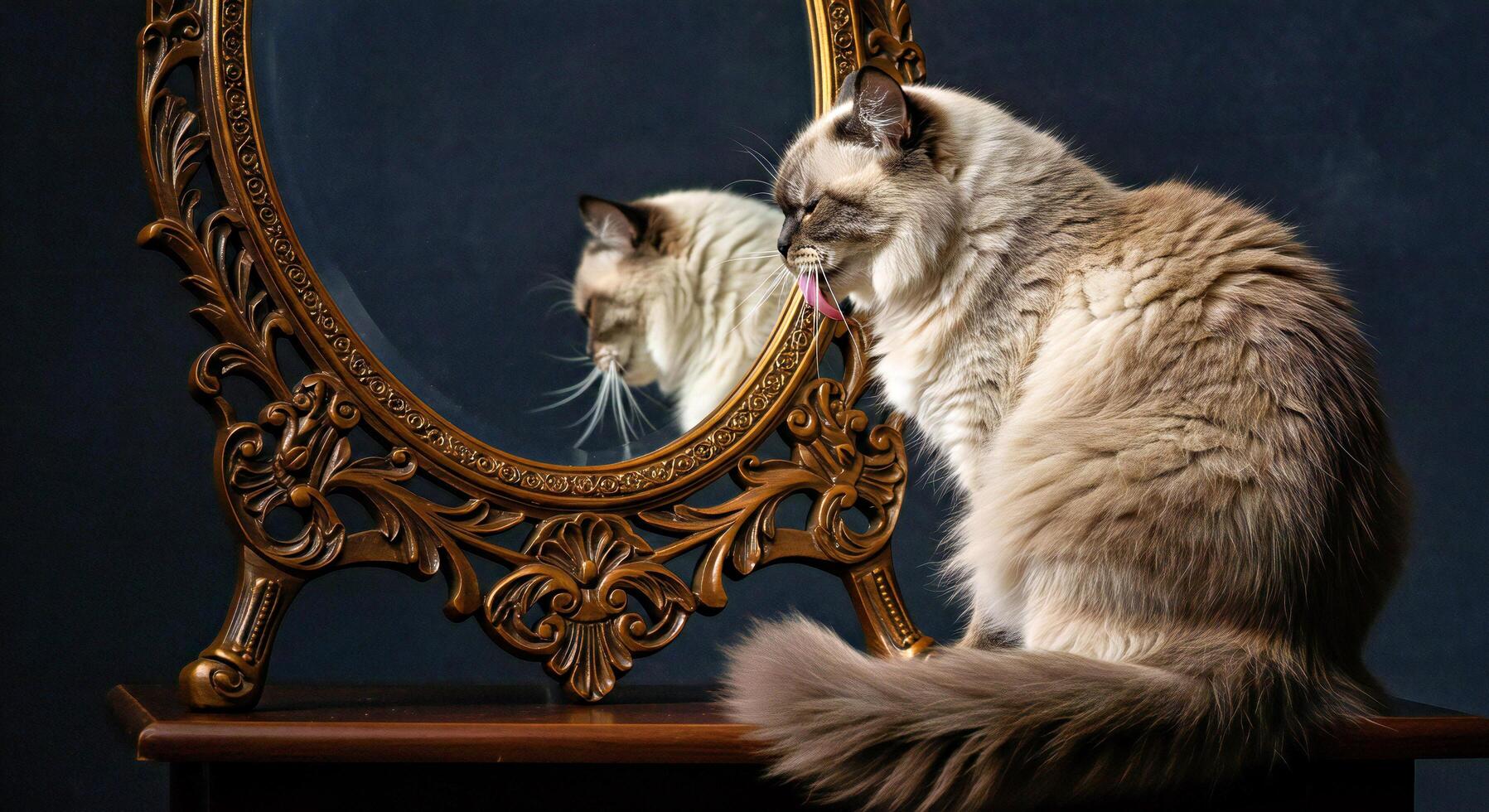 A cat looking at itself in a mirror photo